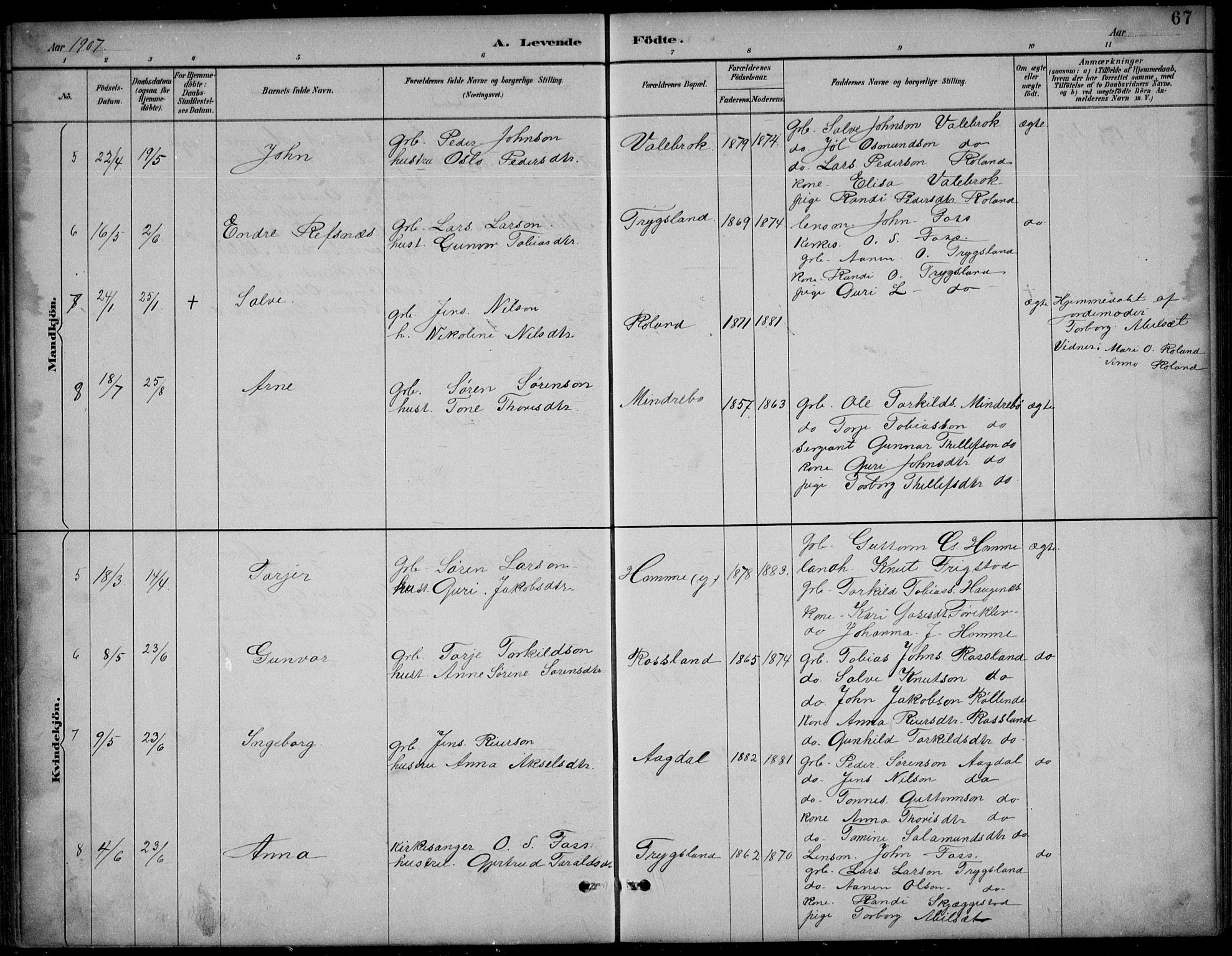 Bjelland sokneprestkontor, AV/SAK-1111-0005/F/Fb/Fba/L0005: Parish register (copy) no. B 5, 1887-1923, p. 67