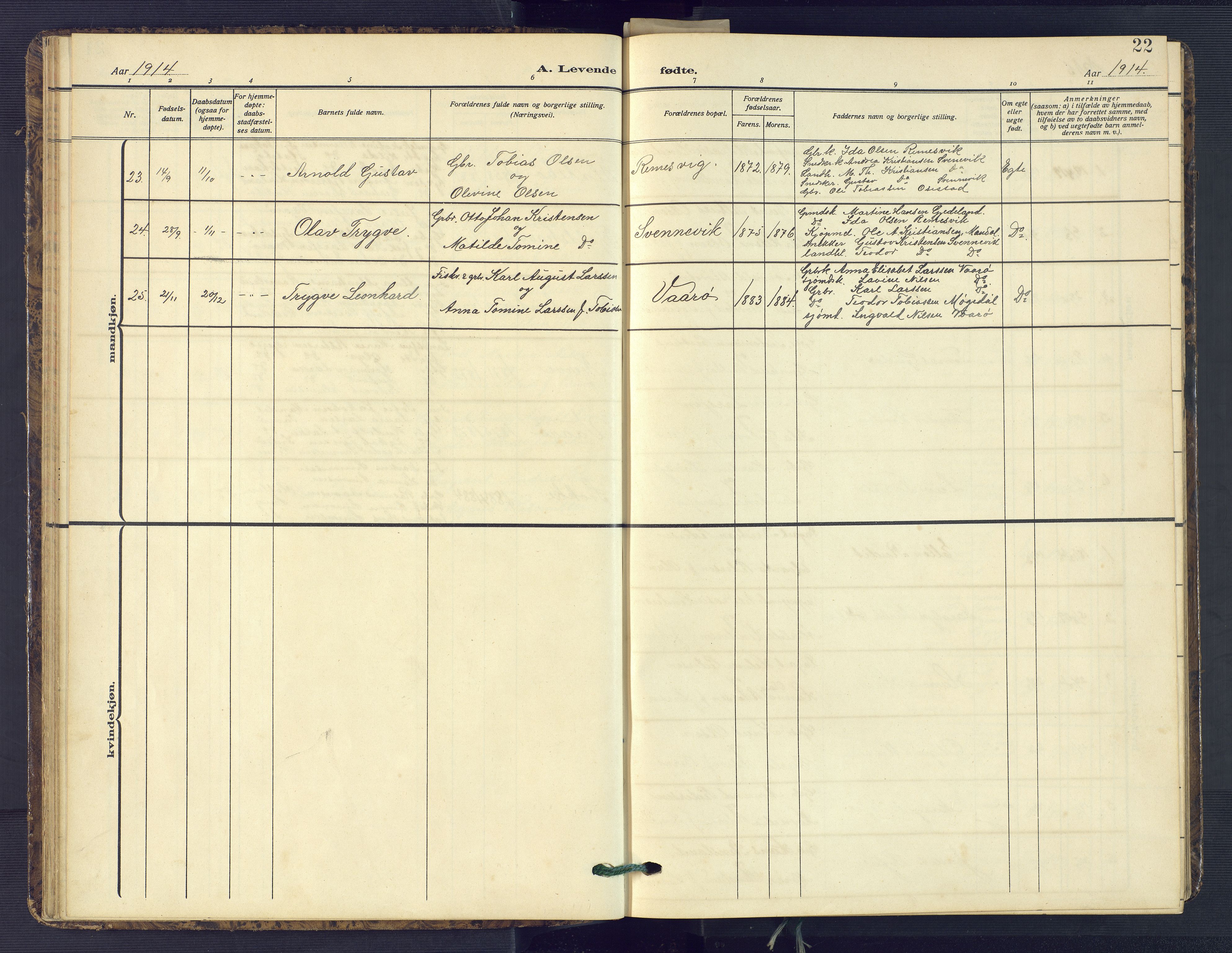 Sør-Audnedal sokneprestkontor, AV/SAK-1111-0039/F/Fb/Fba/L0005: Parish register (copy) no. B 5, 1908-1963, p. 22