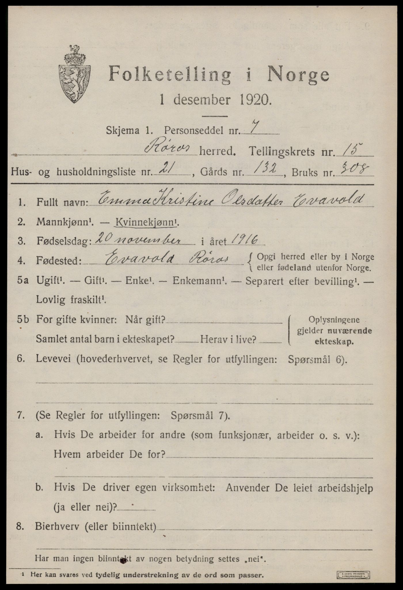 SAT, 1920 census for Røros, 1920, p. 10610