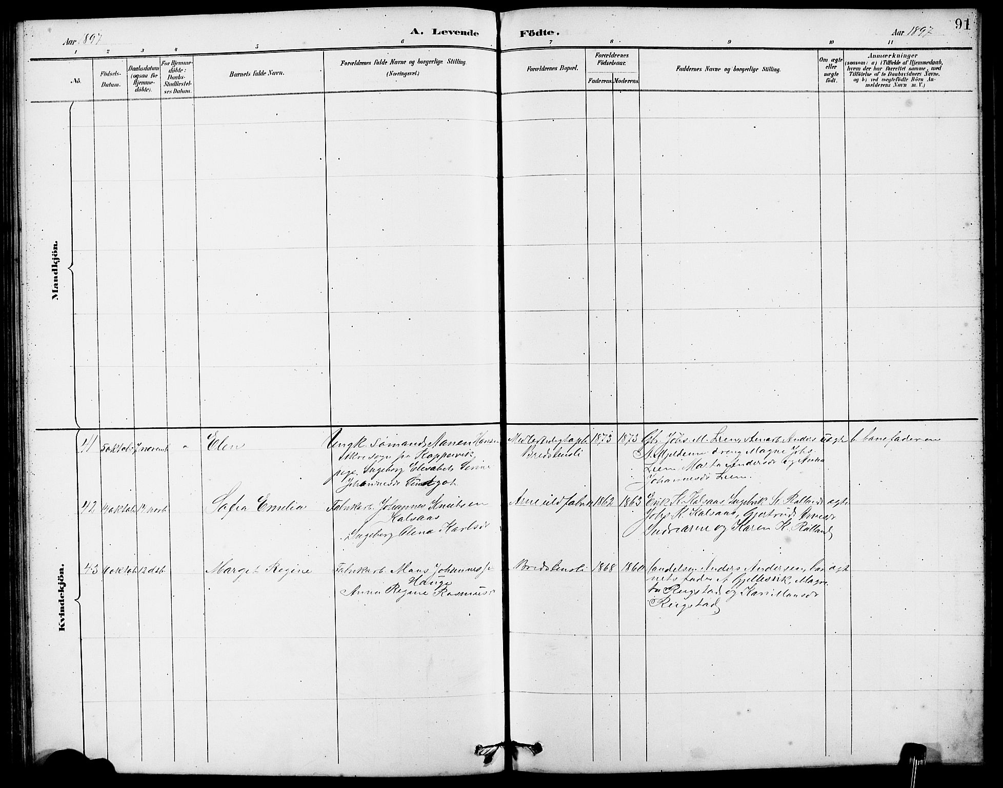 Arna Sokneprestembete, SAB/A-74001/H/Ha/Hab: Parish register (copy) no. A 3, 1887-1897, p. 91