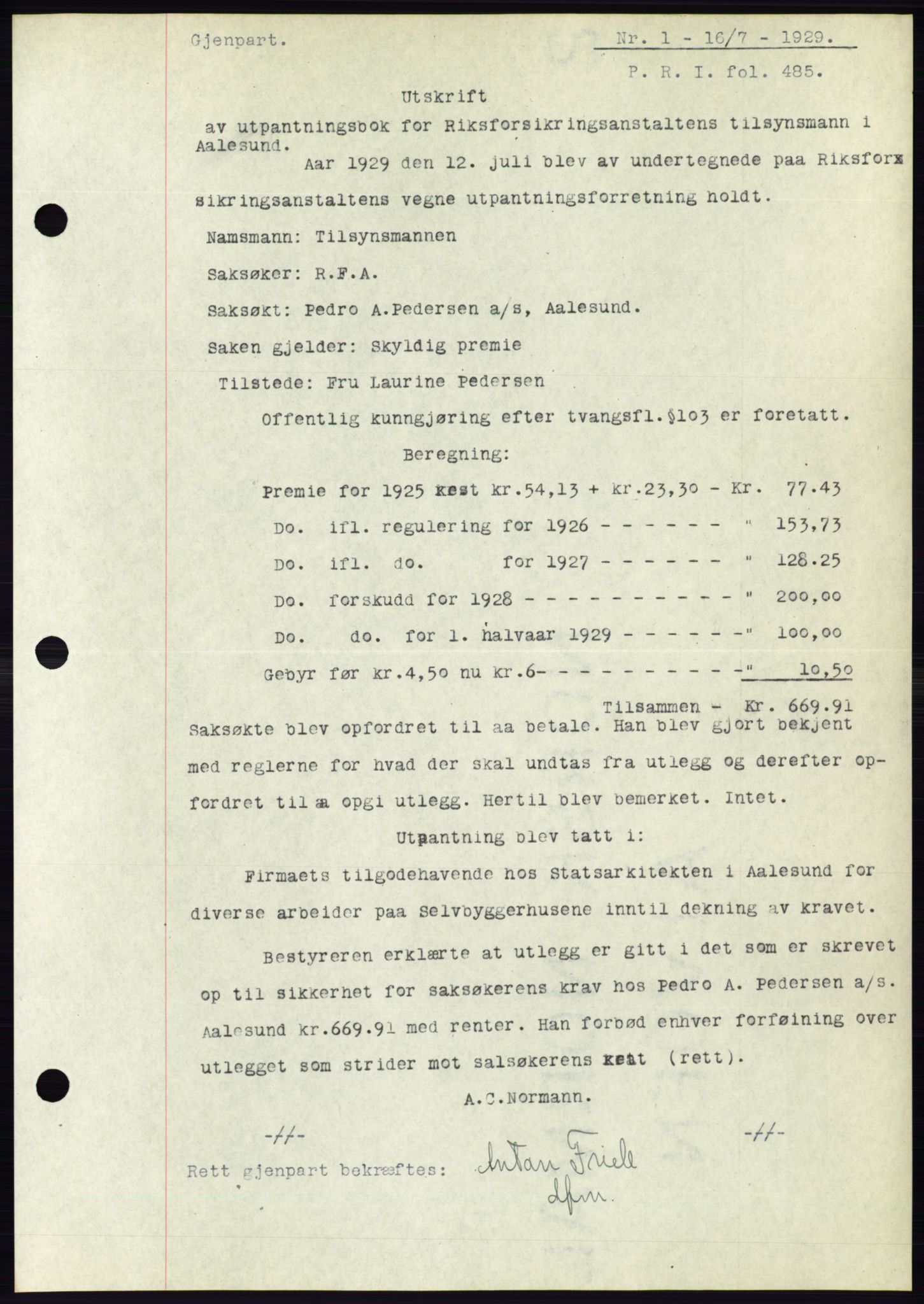 Ålesund byfogd, AV/SAT-A-4384: Mortgage book no. 25, 1929-1929, Deed date: 16.07.1929