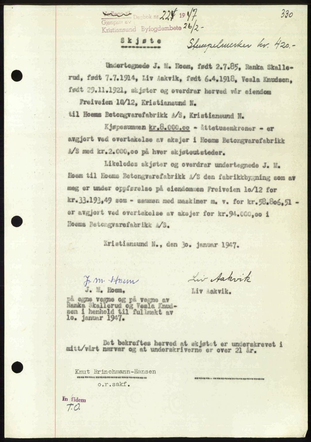 Kristiansund byfogd, AV/SAT-A-4587/A/27: Mortgage book no. 39b, 1946-1947, Diary no: : 224/1947