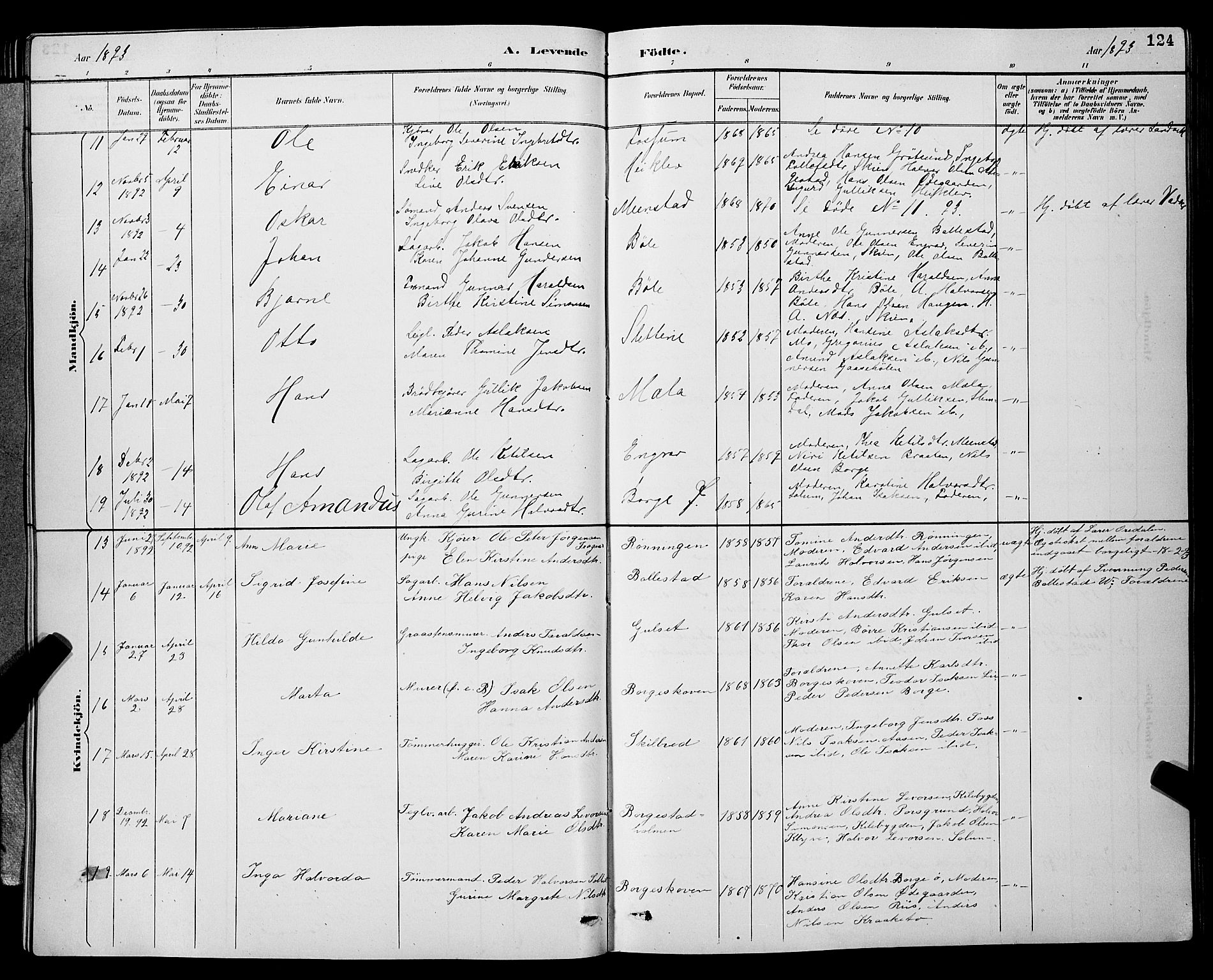 Gjerpen kirkebøker, SAKO/A-265/G/Ga/L0002: Parish register (copy) no. I 2, 1883-1900, p. 124