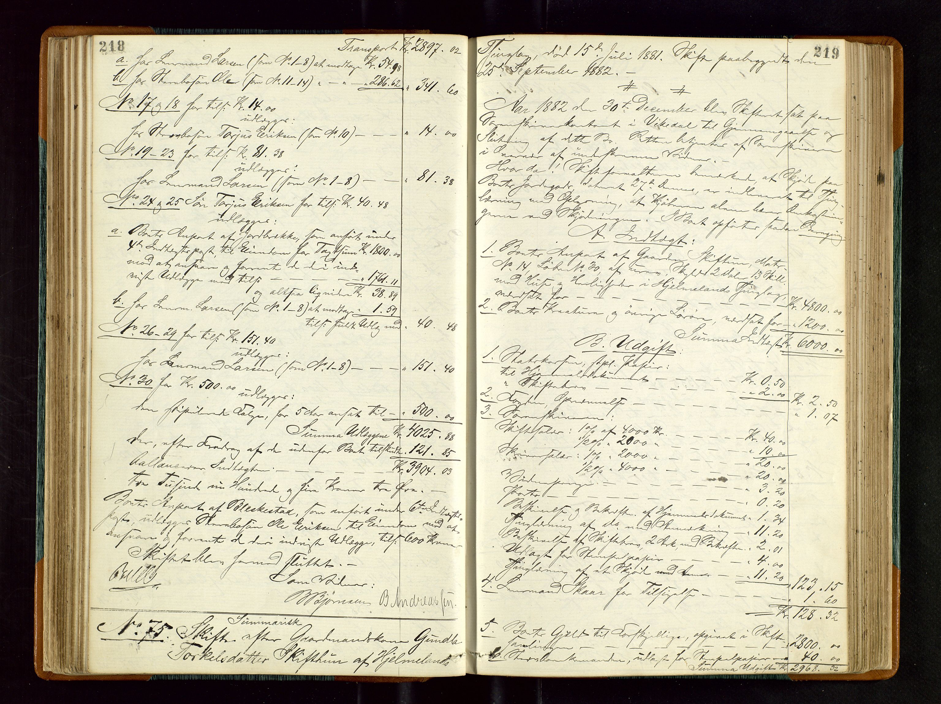 Ryfylke tingrett, AV/SAST-A-100055/001/IV/IVD/L0027: Skifteprotokoll, register i protokollen, 1881-1885, p. 218-219