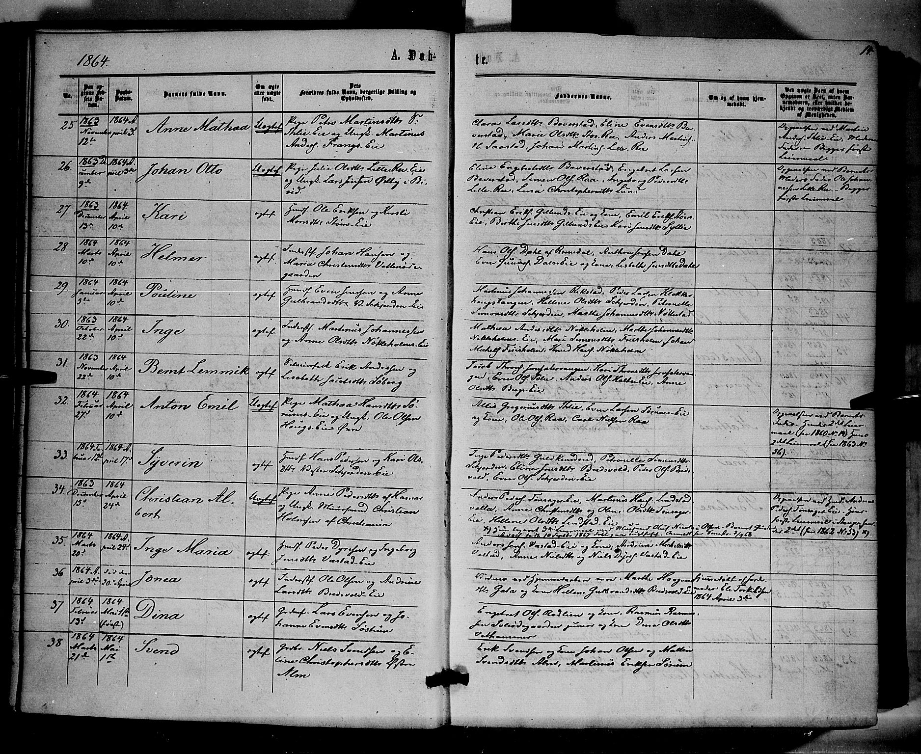 Stange prestekontor, SAH/PREST-002/K/L0013: Parish register (official) no. 13, 1862-1879, p. 14