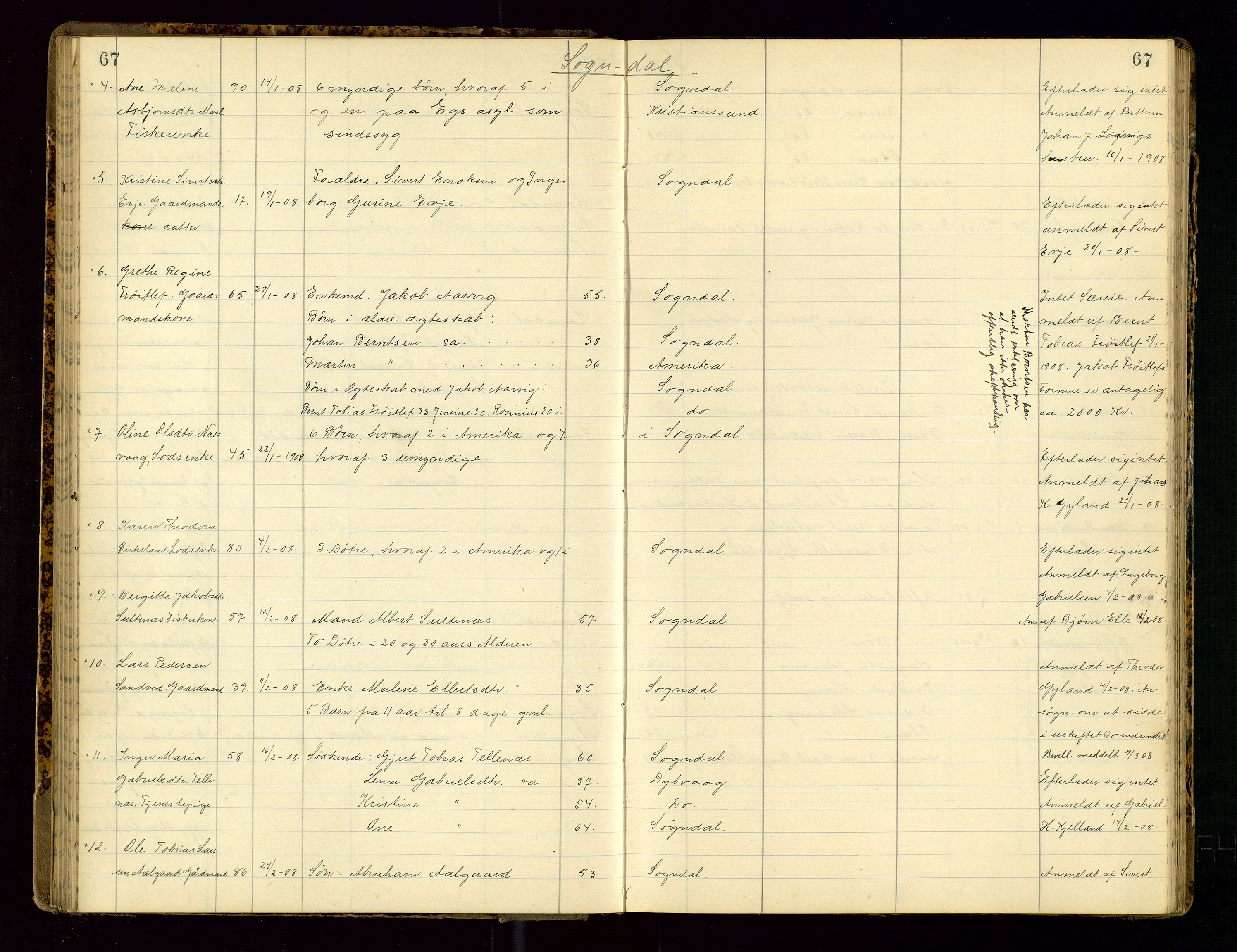 Dalane sorenskriveri, SAST/A-100309/001/5/52/L0001: DØDSFALLPROTOKOLL, 1904-1911, p. 67