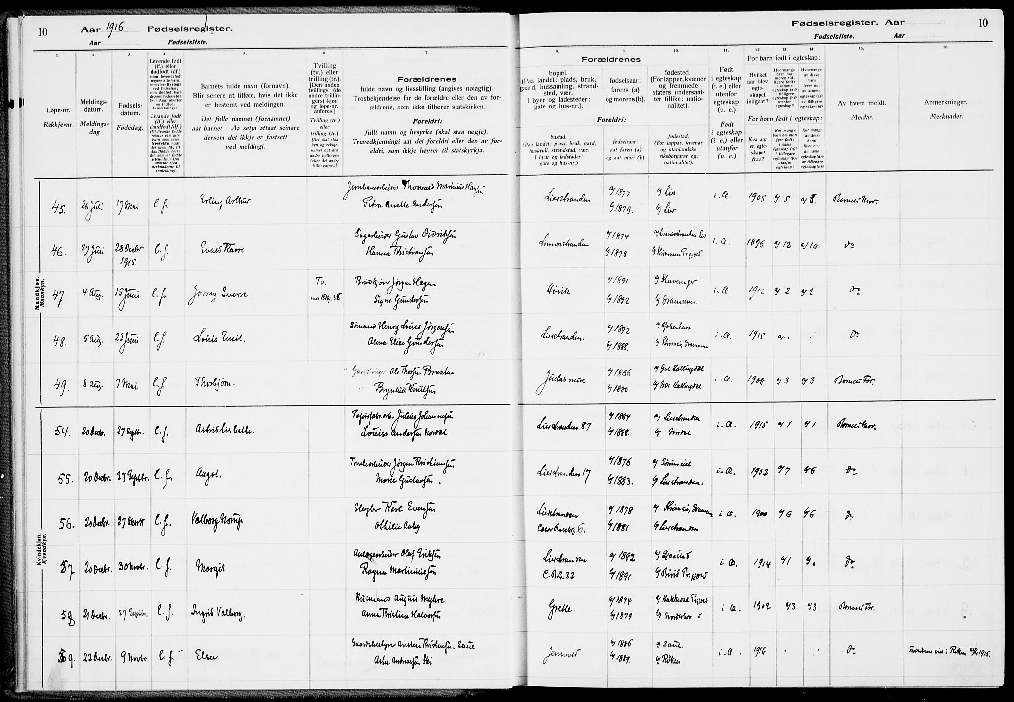 Lier kirkebøker, AV/SAKO-A-230/J/Ja/L0001: Birth register no. 1, 1916-1928, p. 10