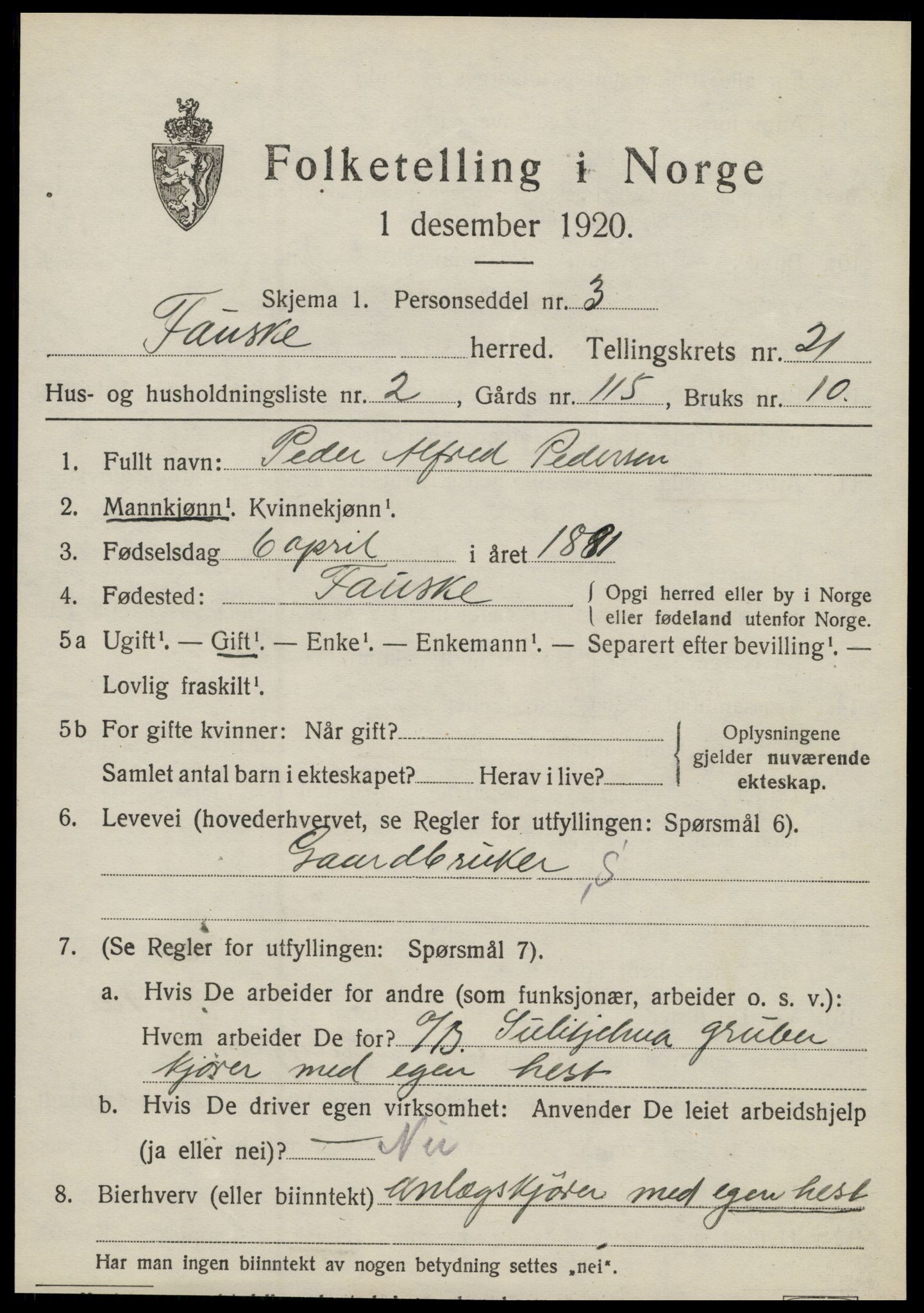 SAT, 1920 census for Fauske, 1920, p. 12914