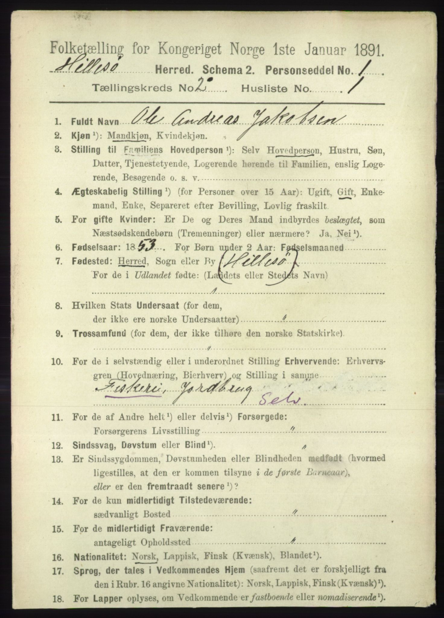 RA, 1891 census for 1930 Hillesøy, 1891, p. 629