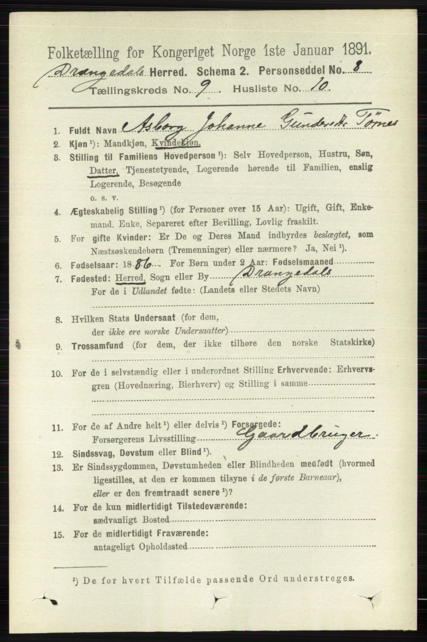 RA, 1891 census for 0817 Drangedal, 1891, p. 3185