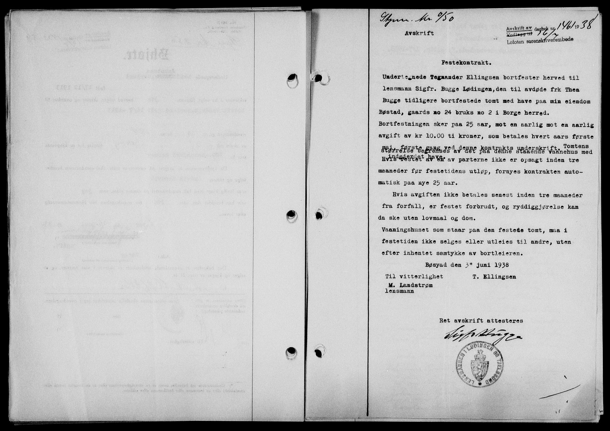 Lofoten sorenskriveri, SAT/A-0017/1/2/2C/L0004a: Mortgage book no. 4a, 1938-1938, Diary no: : 1461/1938
