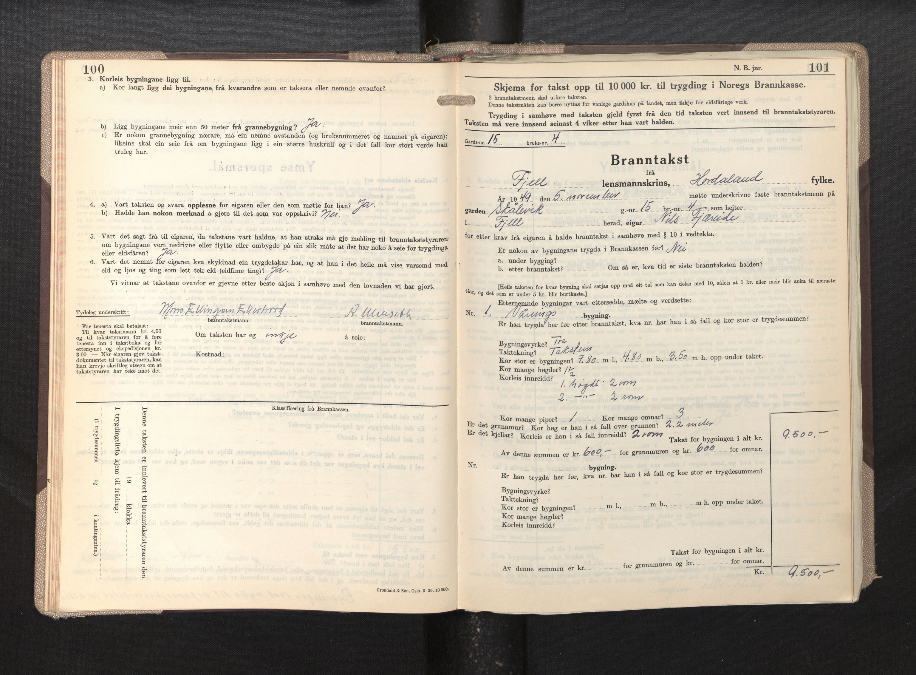 Lensmannen i Fjell, AV/SAB-A-32301/0012/L0007: Branntakstprotokoll, skjematakst, 1946-1955, p. 100-101