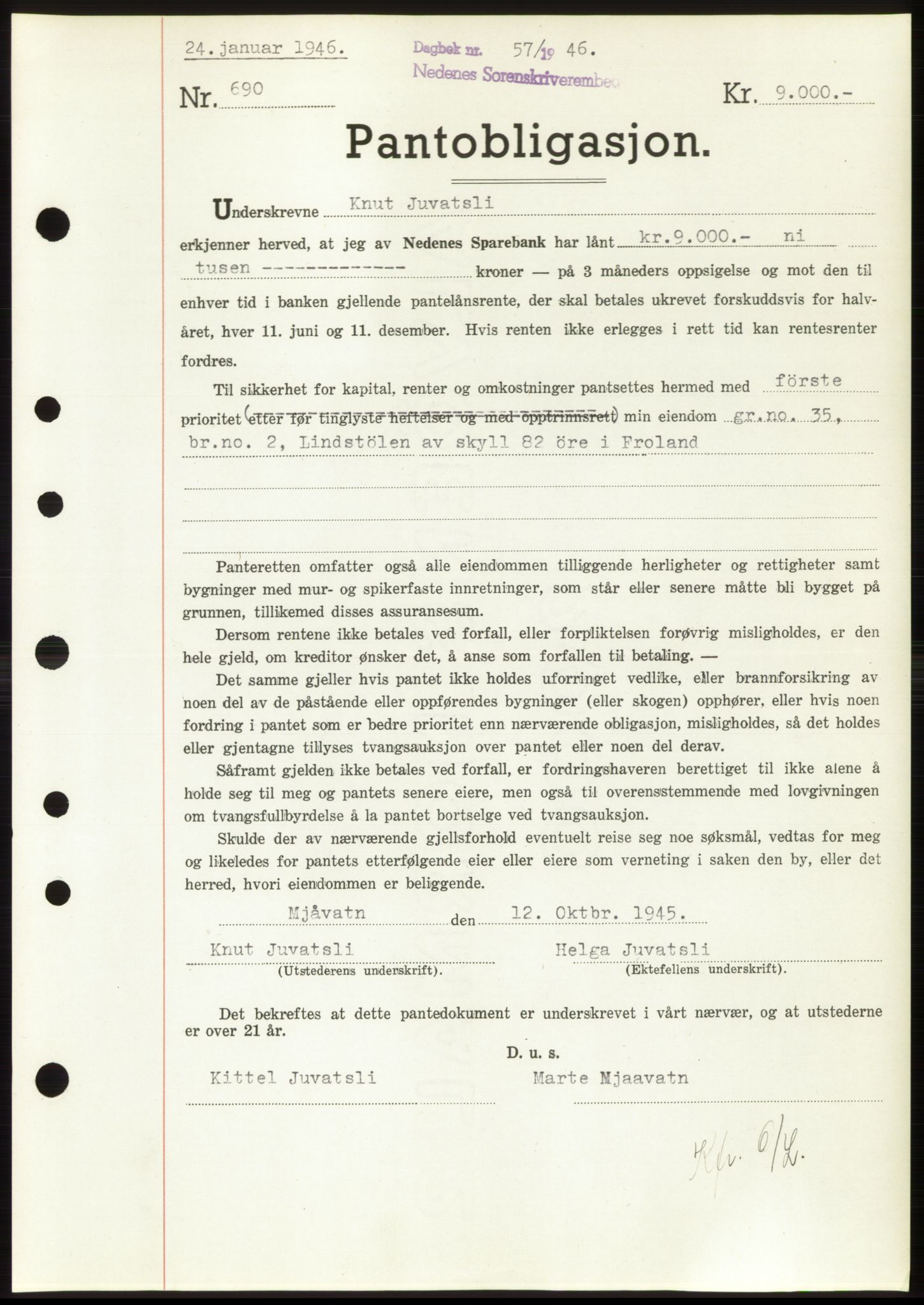Nedenes sorenskriveri, SAK/1221-0006/G/Gb/Gbb/L0003: Mortgage book no. B3b, 1946-1946, Diary no: : 57/1946
