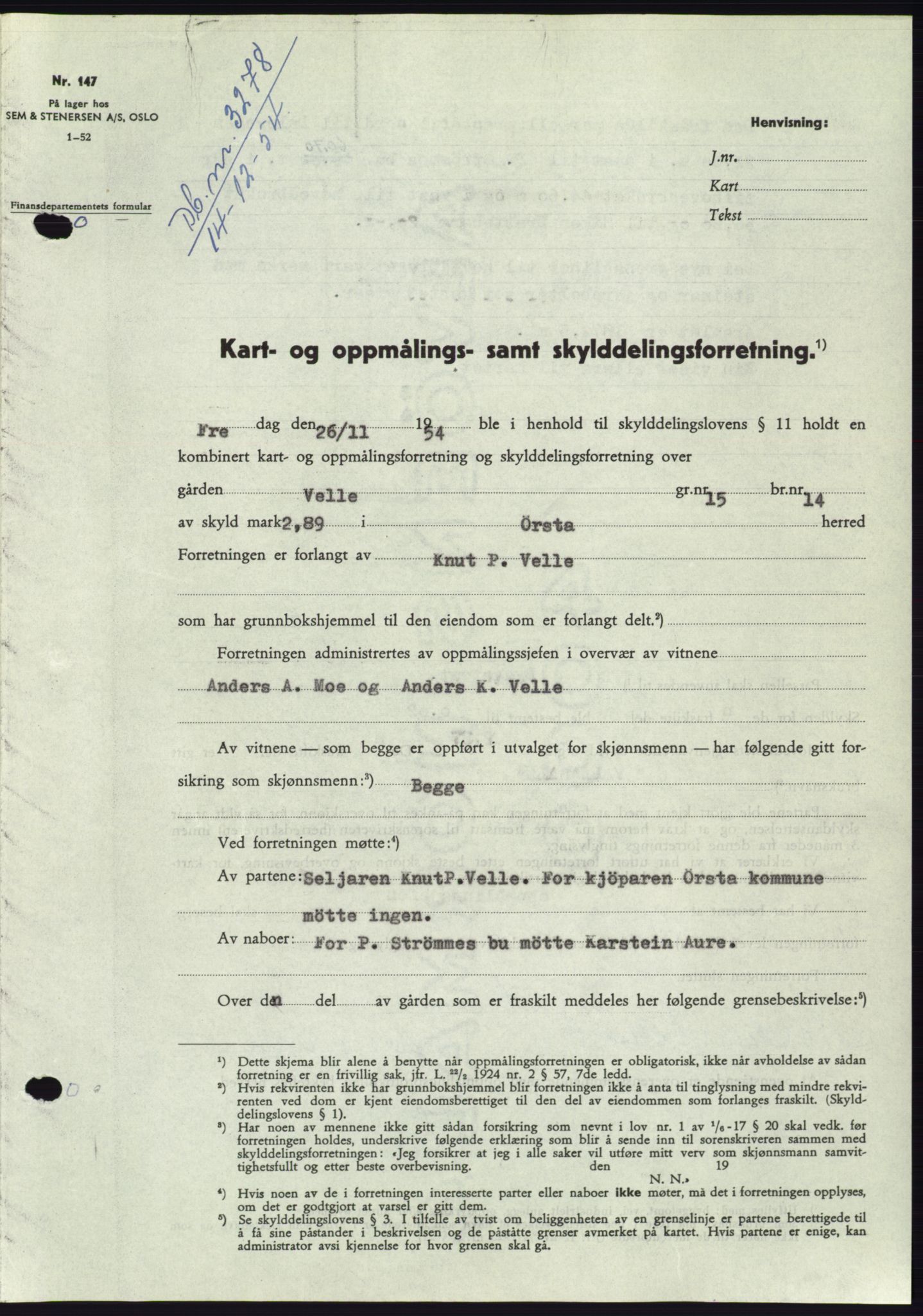 Søre Sunnmøre sorenskriveri, AV/SAT-A-4122/1/2/2C/L0099: Mortgage book no. 25A, 1954-1954, Diary no: : 3278/1954