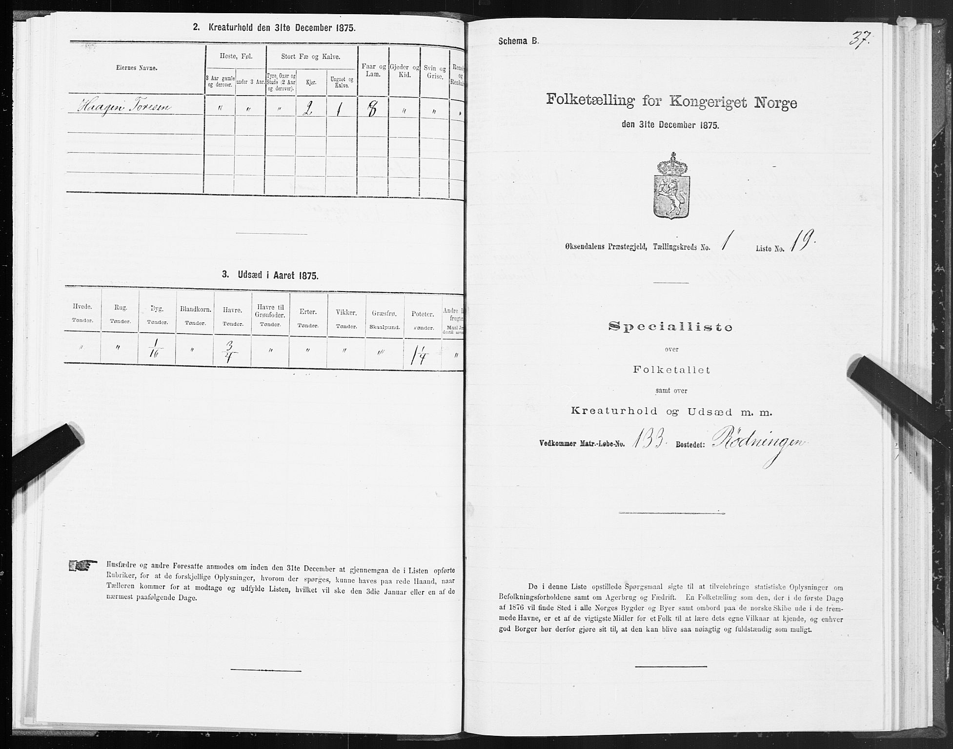 SAT, 1875 census for 1561P Øksendal, 1875, p. 1037