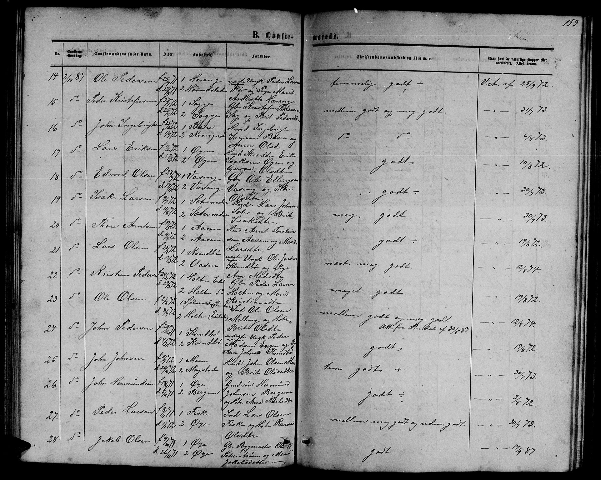 Ministerialprotokoller, klokkerbøker og fødselsregistre - Møre og Romsdal, SAT/A-1454/595/L1051: Parish register (copy) no. 595C03, 1866-1891, p. 153