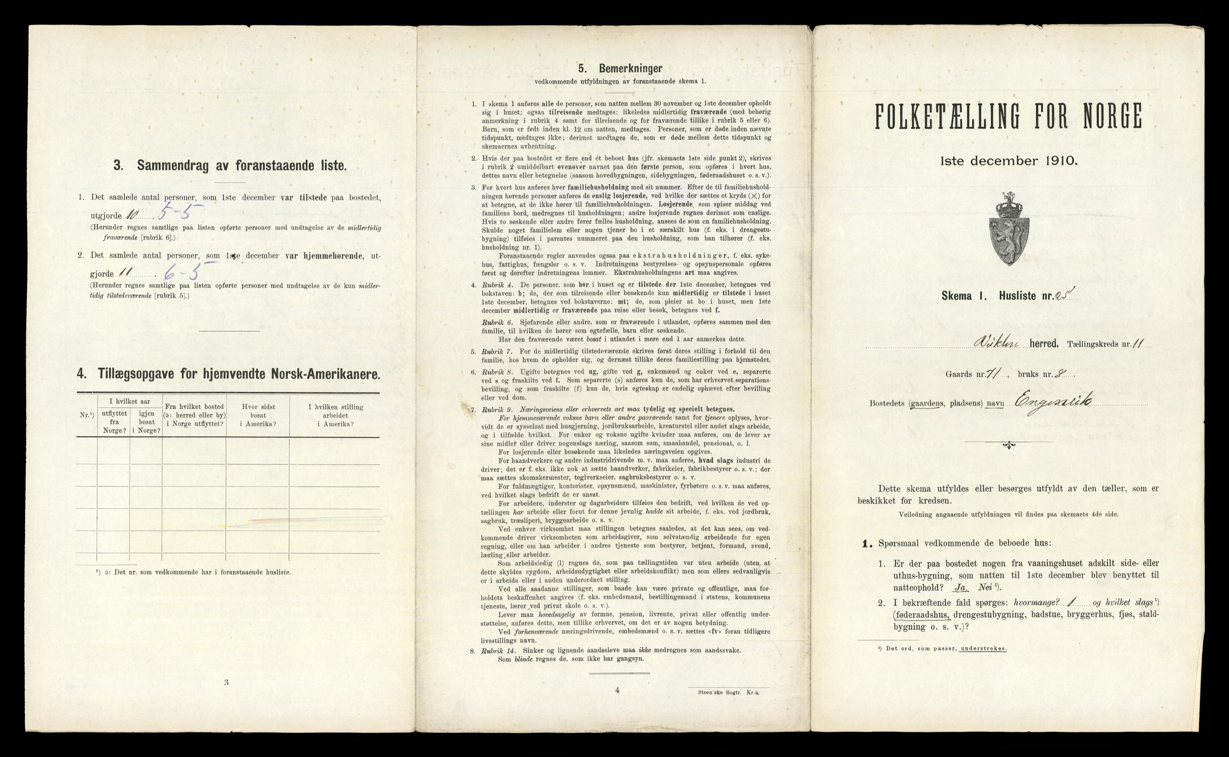 RA, 1910 census for Vikna, 1910, p. 1005