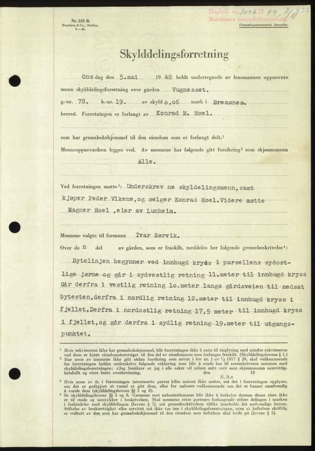 Nordmøre sorenskriveri, AV/SAT-A-4132/1/2/2Ca: Mortgage book no. A112, 1949-1949, Diary no: : 3026/1949