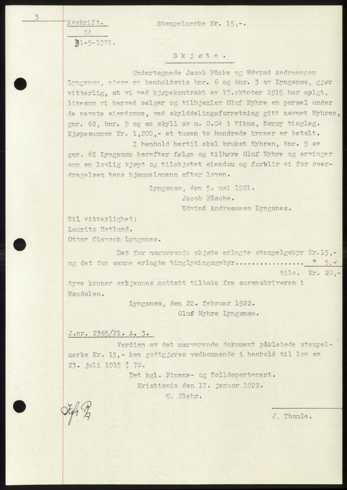 Namdal sorenskriveri, SAT/A-4133/1/2/2C: Mortgage book no. -, 1916-1921, Deed date: 31.05.1921
