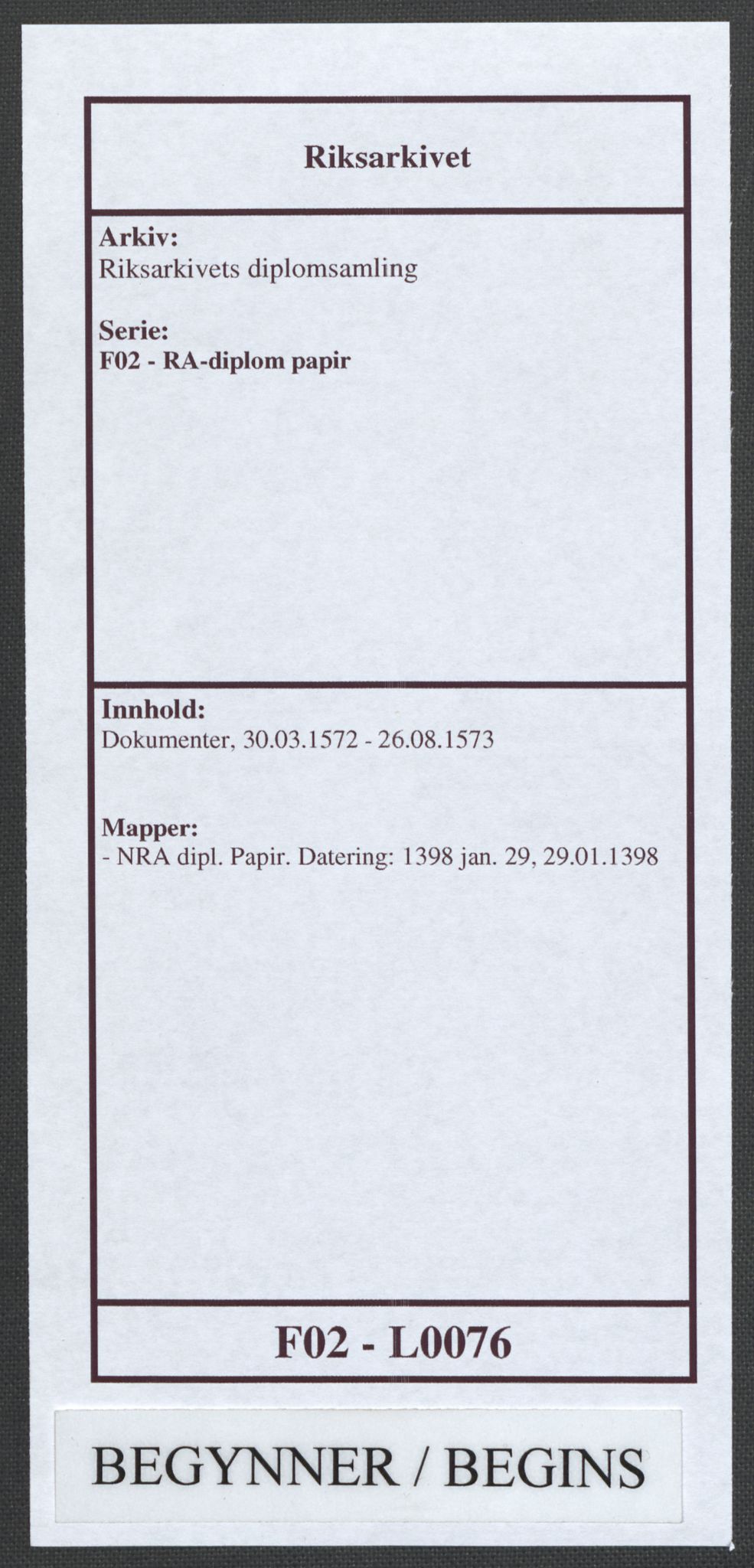 Riksarkivets diplomsamling, RA/EA-5965/F02/L0076: Dokumenter, 1572-1573, p. 1
