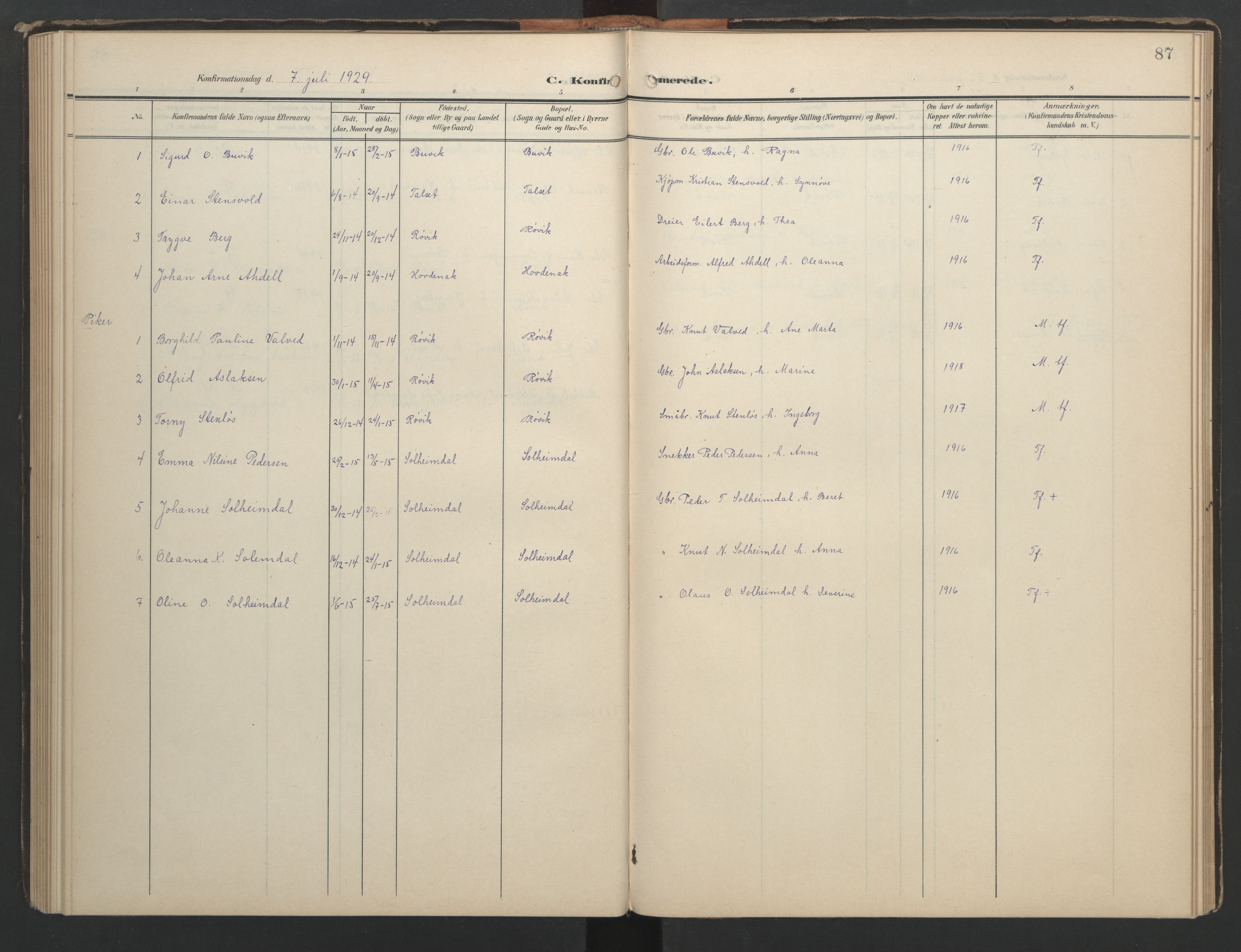 Ministerialprotokoller, klokkerbøker og fødselsregistre - Møre og Romsdal, AV/SAT-A-1454/556/L0677: Parish register (copy) no. 556C01, 1907-1953, p. 87