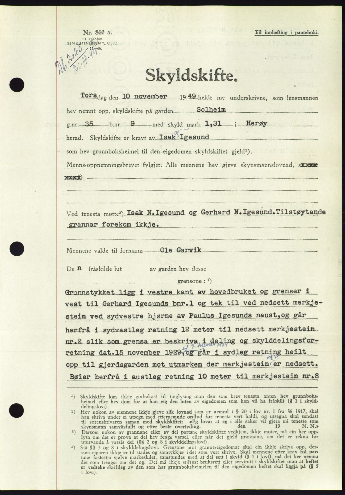 Søre Sunnmøre sorenskriveri, AV/SAT-A-4122/1/2/2C/L0085: Mortgage book no. 11A, 1949-1949, Diary no: : 2025/1949