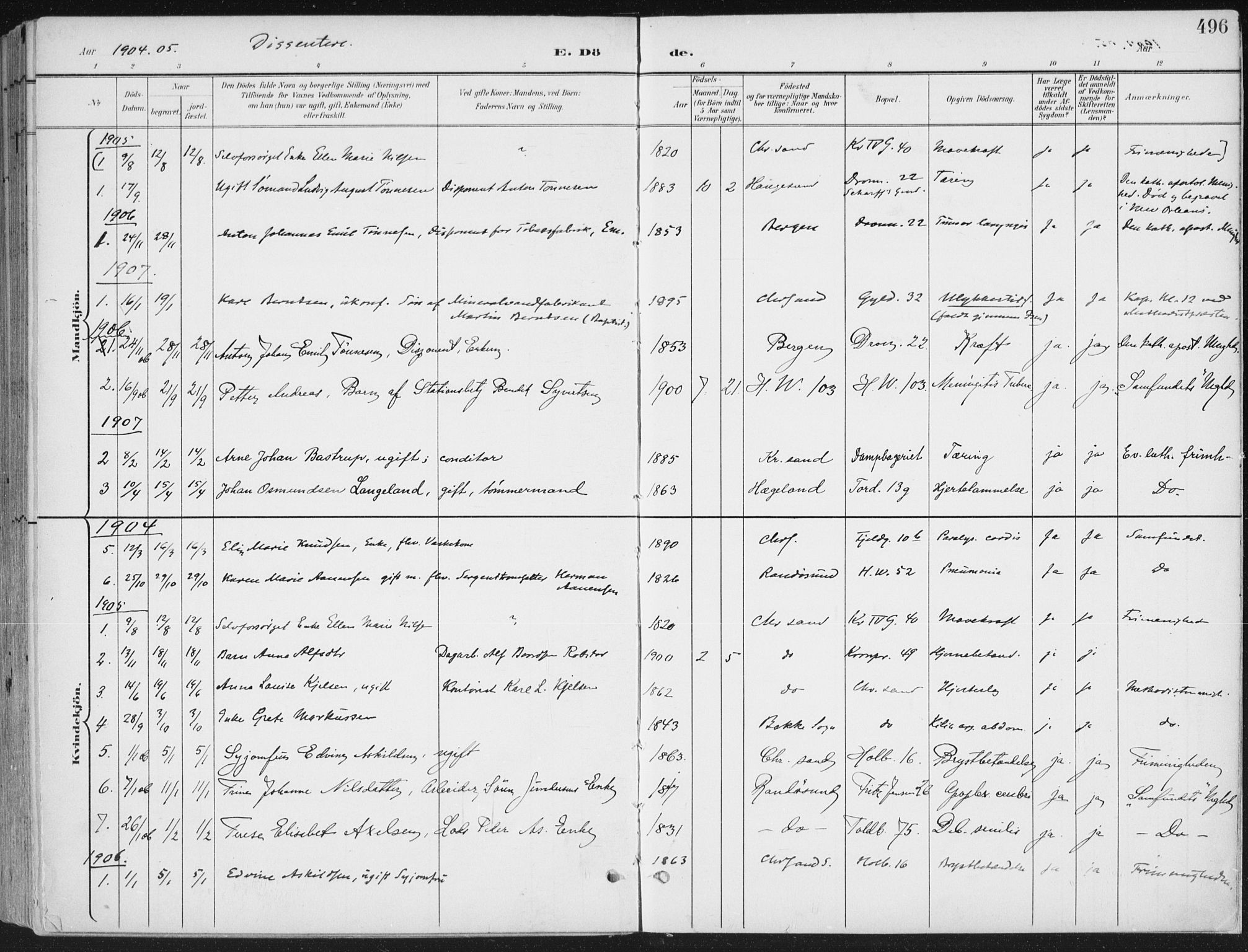 Kristiansand domprosti, SAK/1112-0006/F/Fa/L0021: Parish register (official) no. A 20, 1898-1908, p. 496