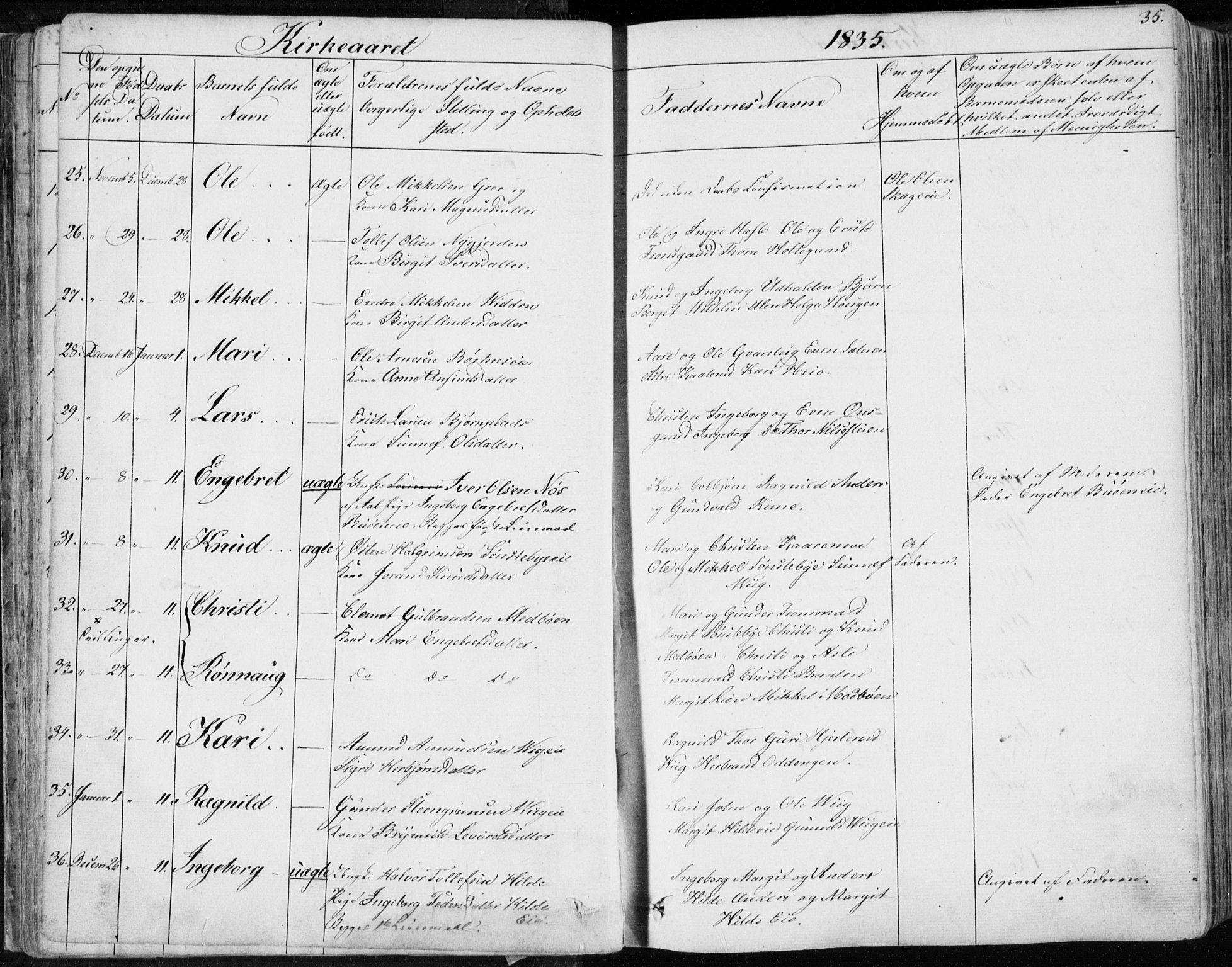 Nes kirkebøker, AV/SAKO-A-236/F/Fa/L0009: Parish register (official) no. 9, 1834-1863, p. 35