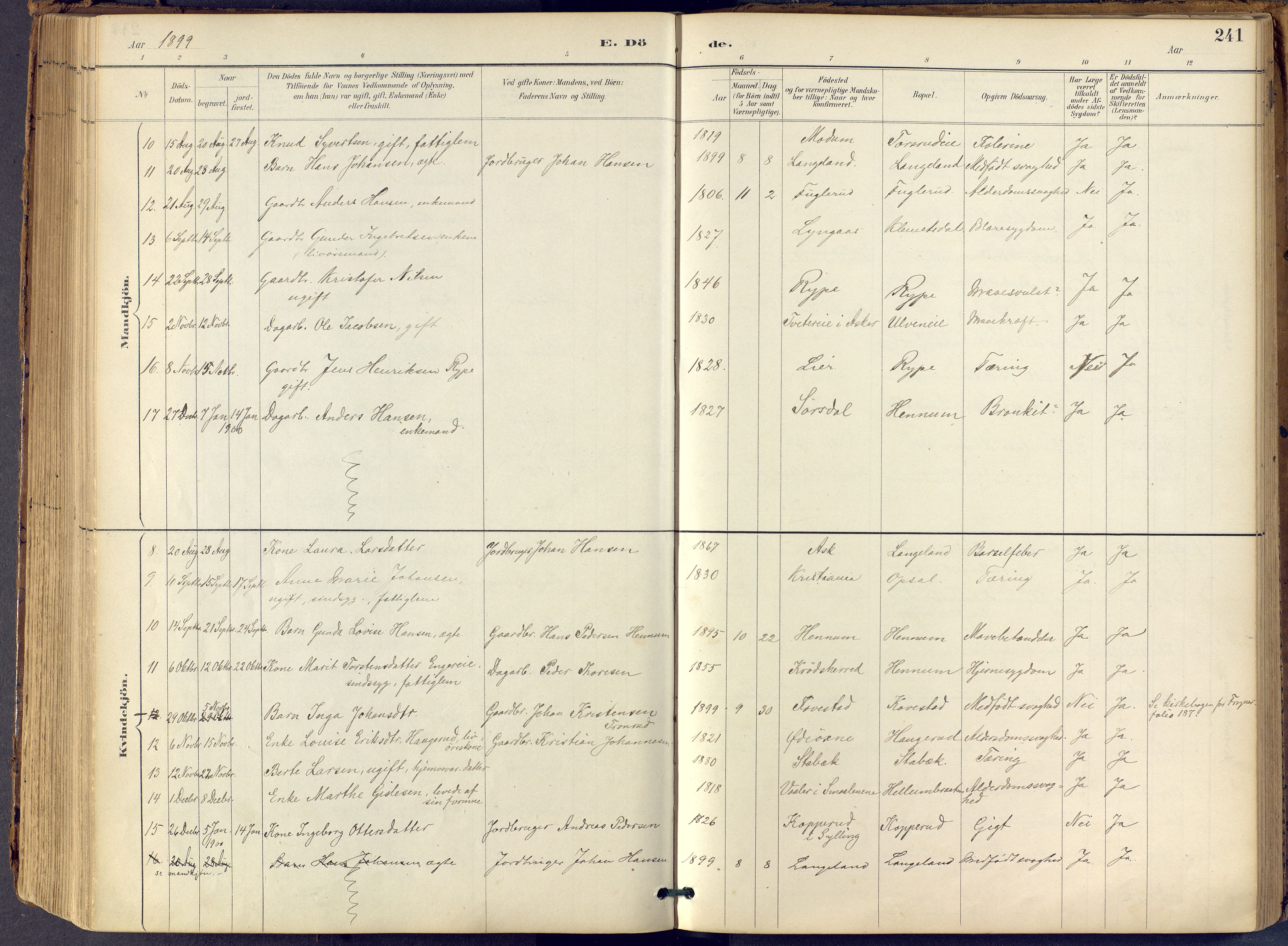 Lier kirkebøker, SAKO/A-230/F/Fb/L0001: Parish register (official) no. II 1, 1883-1910, p. 241