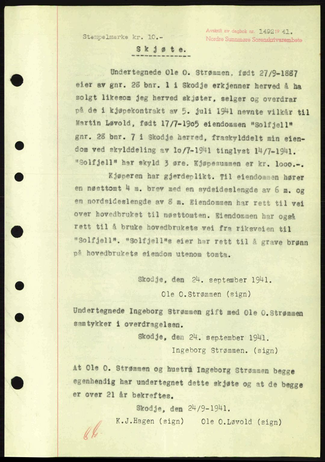 Nordre Sunnmøre sorenskriveri, AV/SAT-A-0006/1/2/2C/2Ca: Mortgage book no. A11, 1941-1941, Diary no: : 1492/1941