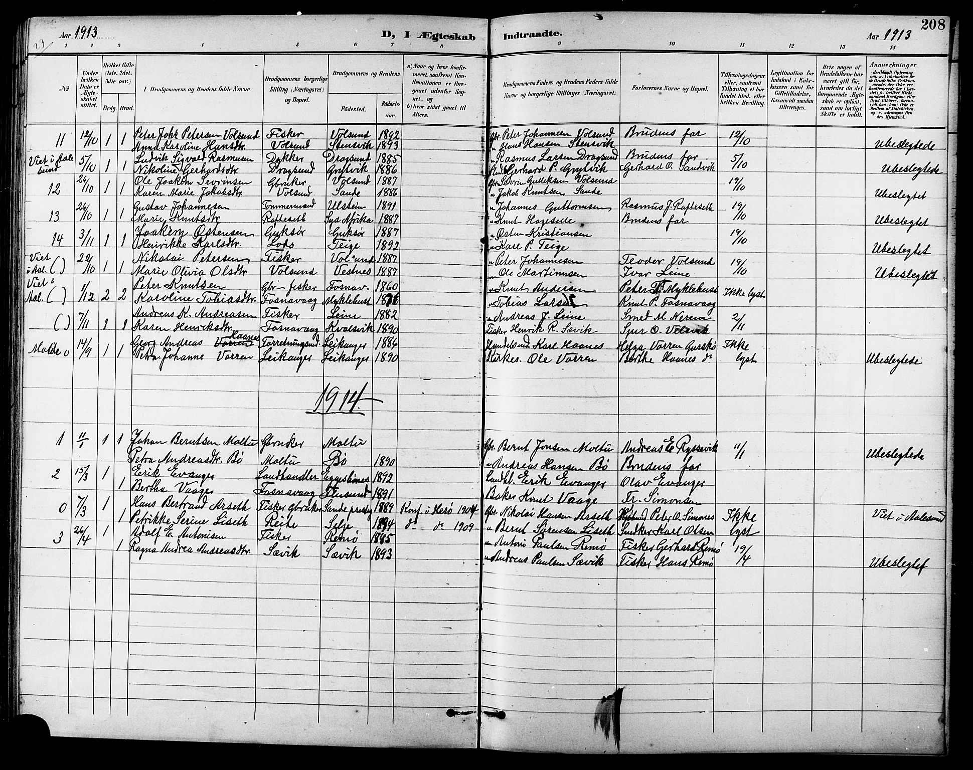 Ministerialprotokoller, klokkerbøker og fødselsregistre - Møre og Romsdal, AV/SAT-A-1454/507/L0082: Parish register (copy) no. 507C05, 1896-1914, p. 208