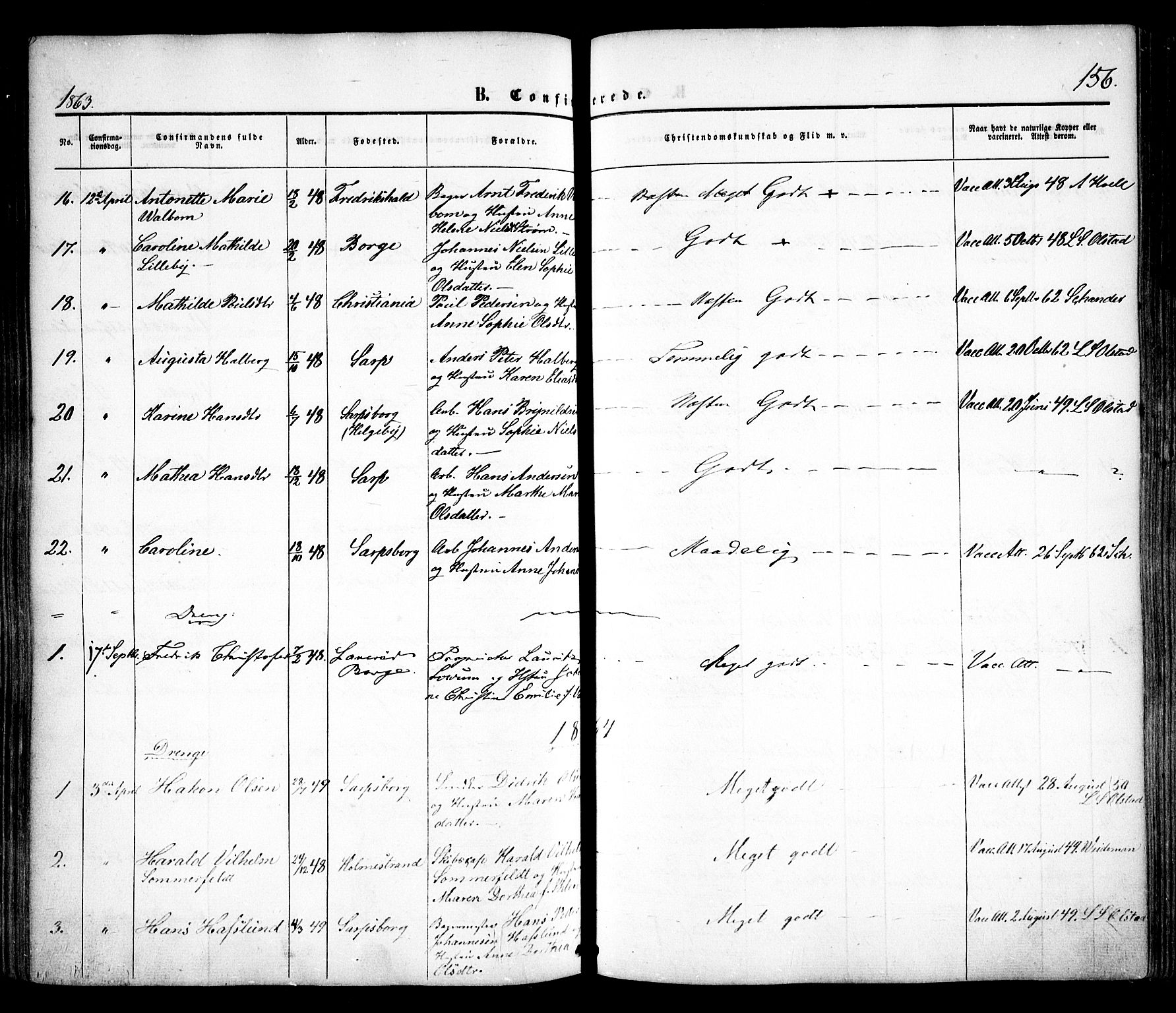 Sarpsborg prestekontor Kirkebøker, SAO/A-2006/F/Fa/L0001: Parish register (official) no. 1, 1859-1868, p. 156