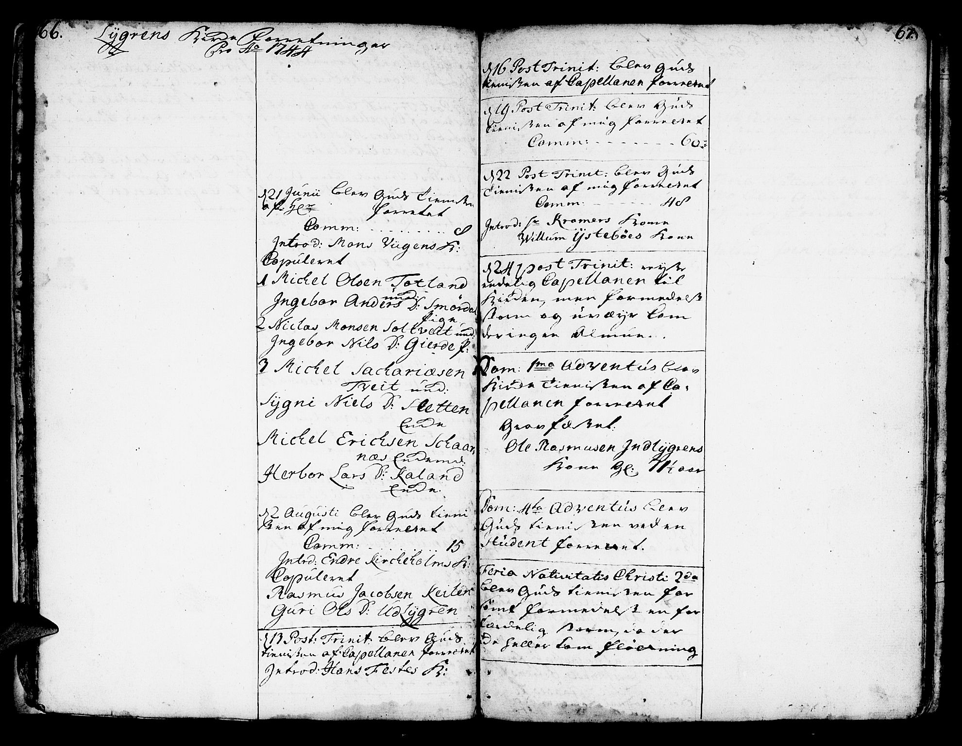 Lindås Sokneprestembete, SAB/A-76701/H/Haa: Parish register (official) no. A 2, 1740-1748, p. 66-67