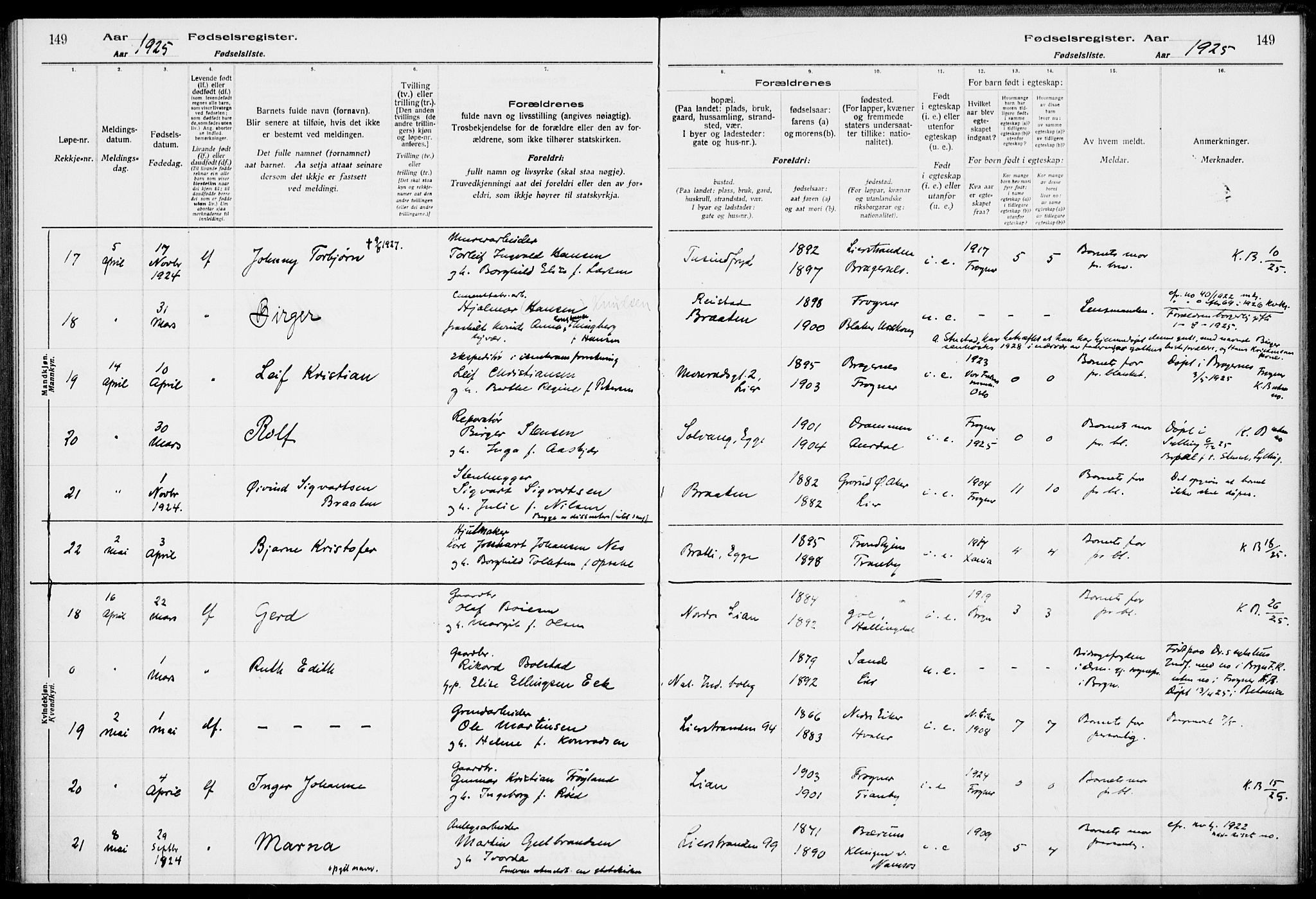 Lier kirkebøker, AV/SAKO-A-230/J/Ja/L0001: Birth register no. 1, 1916-1928, p. 149