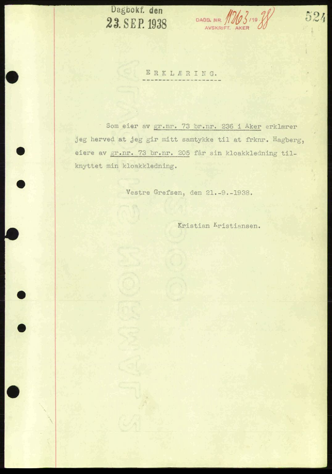 Aker herredsskriveri, SAO/A-10896/G/Gb/Gba/Gbab/L0025: Mortgage book no. A154-155, 1938-1938, Diary no: : 11263/1938
