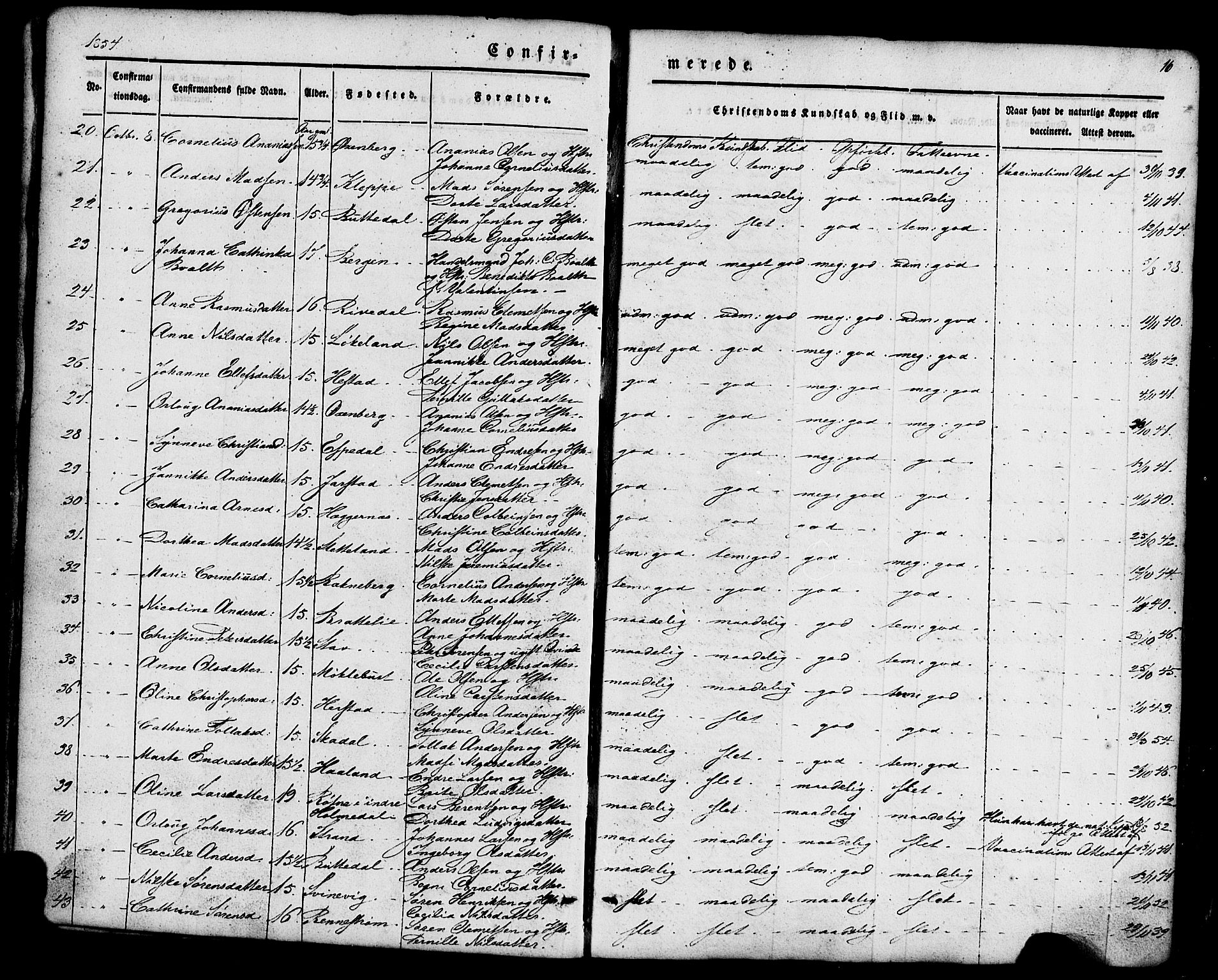 Fjaler sokneprestembete, AV/SAB-A-79801/H/Haa/Haaa/L0008: Parish register (official) no. A 8, 1850-1886, p. 16