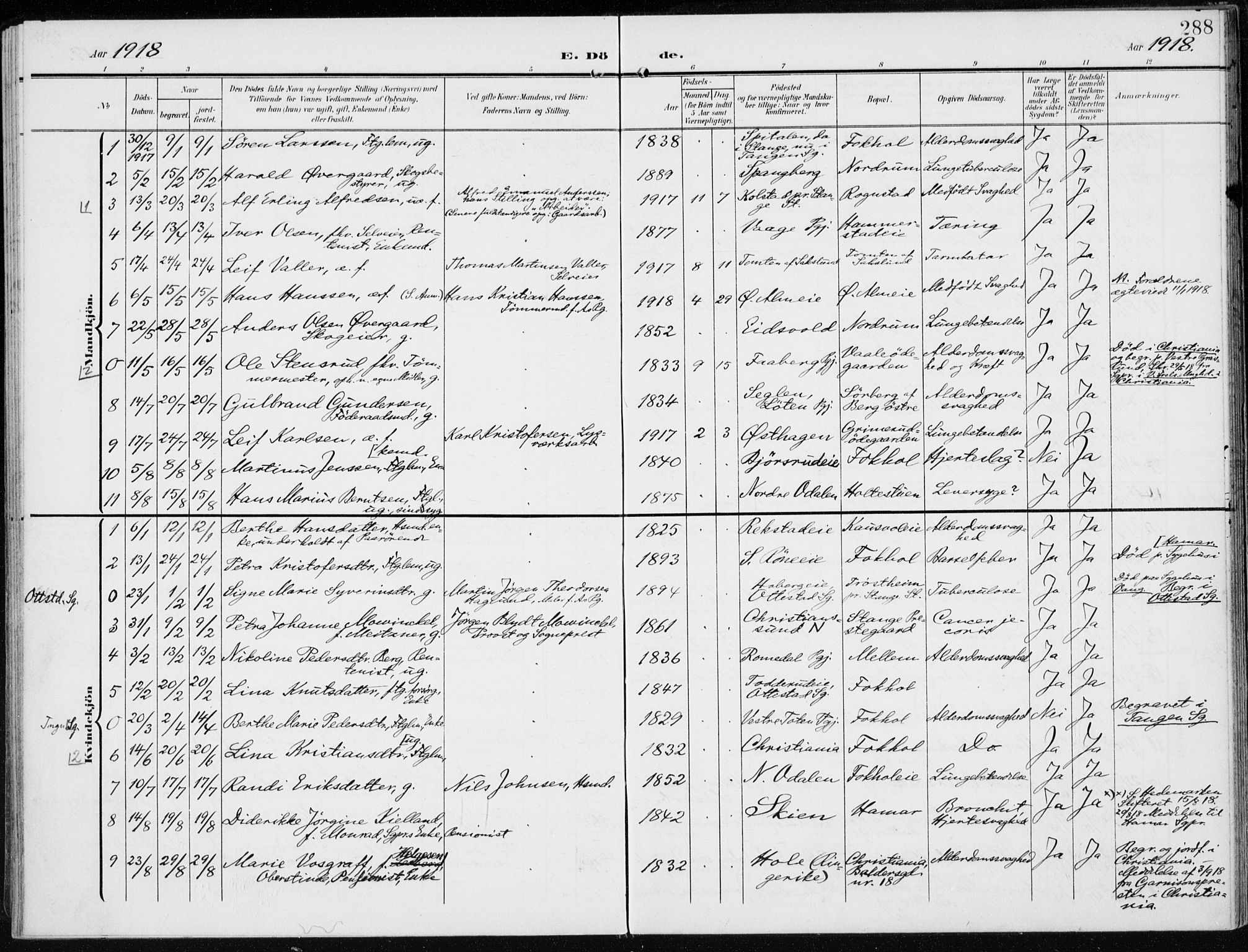 Stange prestekontor, AV/SAH-PREST-002/K/L0024: Parish register (official) no. 24, 1906-1922, p. 288