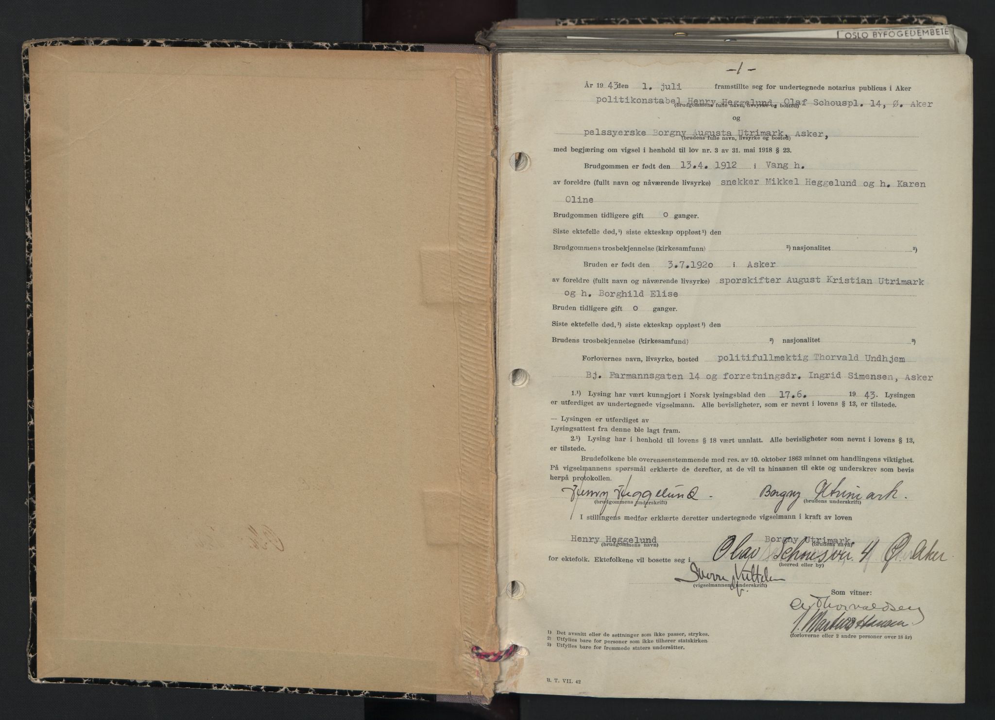 Aker sorenskriveri, AV/SAO-A-10895/L/Lc/Lcb/L0020: Vigselprotokoll, 1943, p. 1