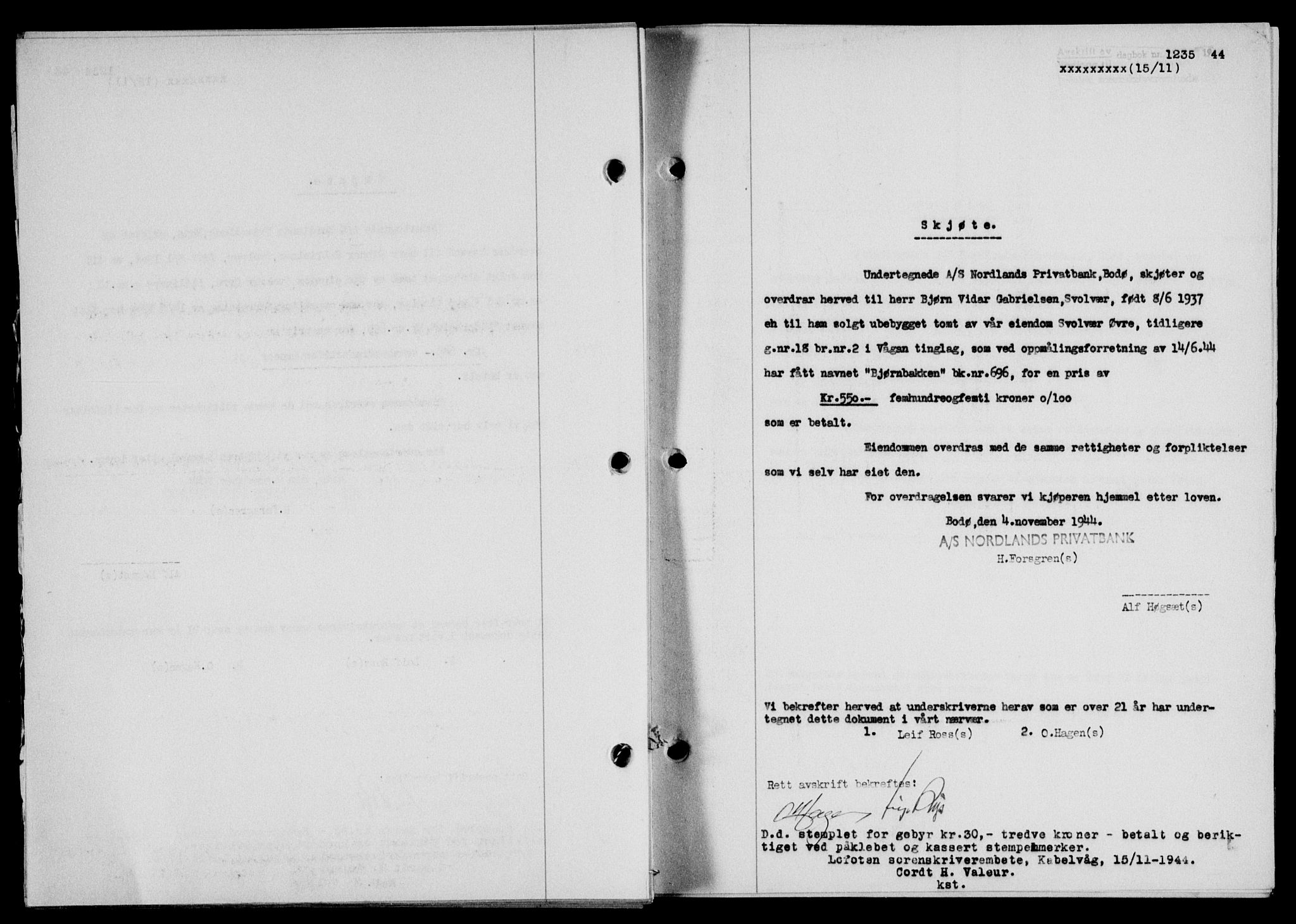 Lofoten sorenskriveri, SAT/A-0017/1/2/2C/L0012a: Mortgage book no. 12a, 1943-1944, Diary no: : 1235/1944