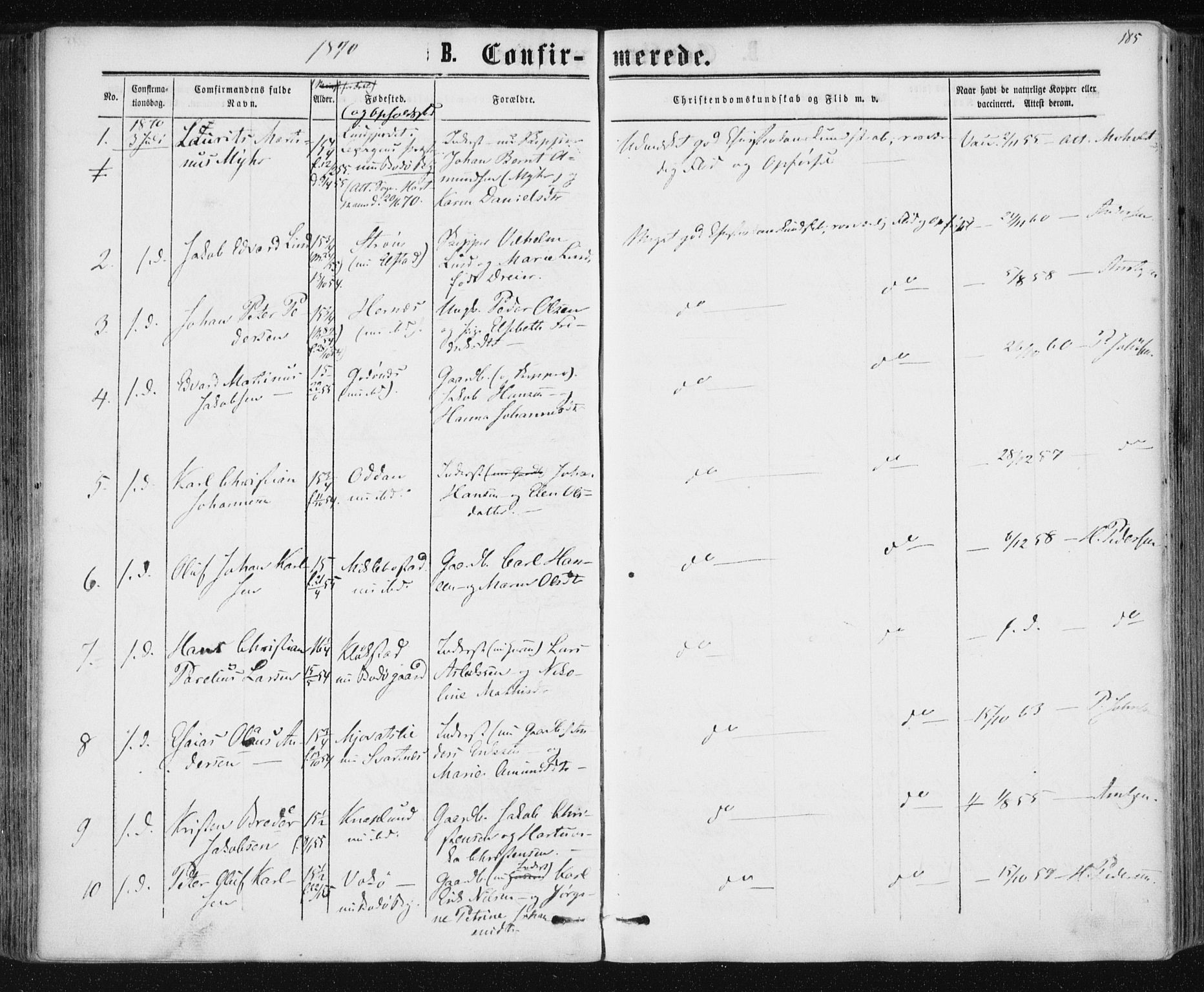 Ministerialprotokoller, klokkerbøker og fødselsregistre - Nordland, AV/SAT-A-1459/801/L0008: Parish register (official) no. 801A08, 1864-1875, p. 185