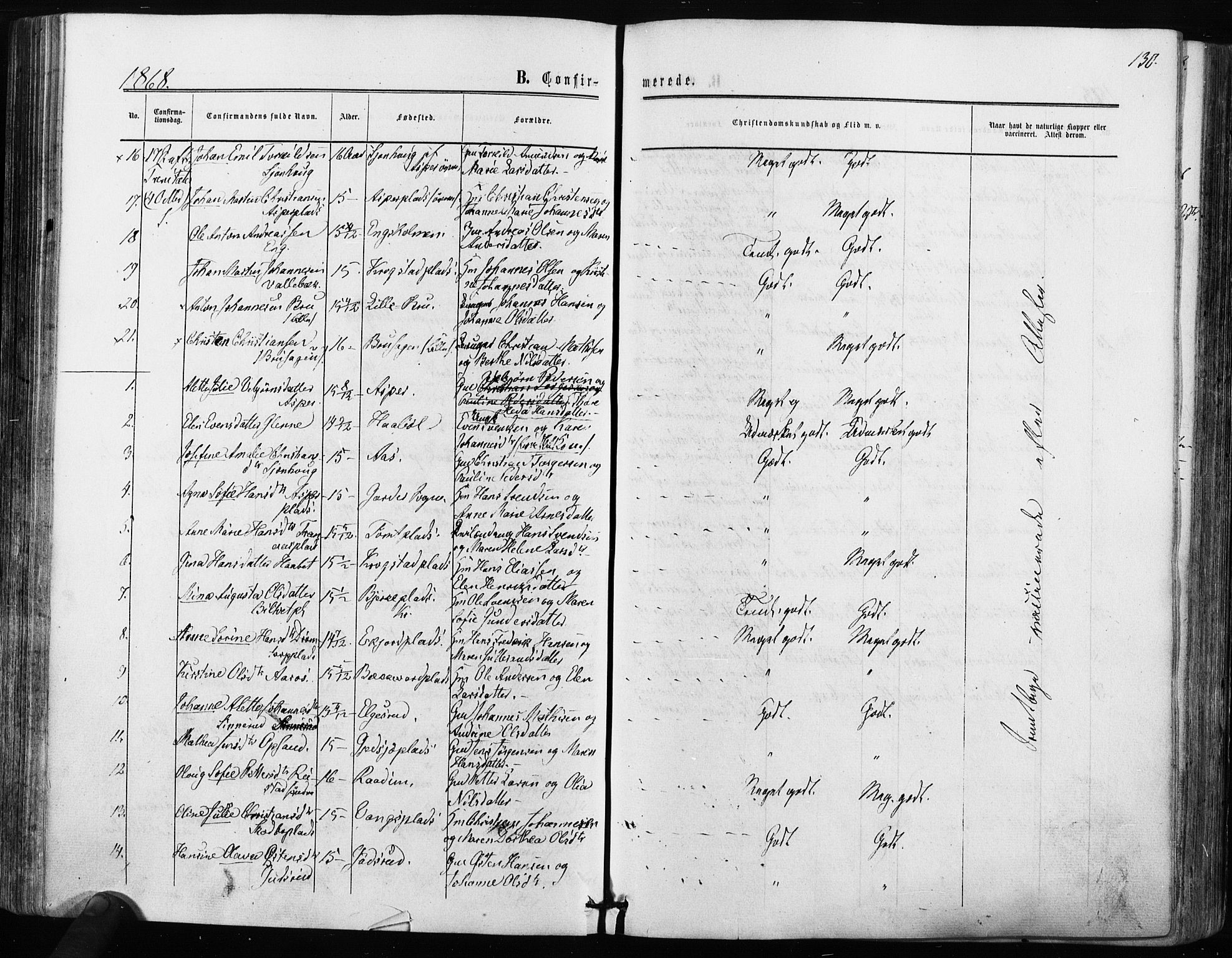 Kråkstad prestekontor Kirkebøker, AV/SAO-A-10125a/F/Fa/L0007: Parish register (official) no. I 7, 1858-1870, p. 130