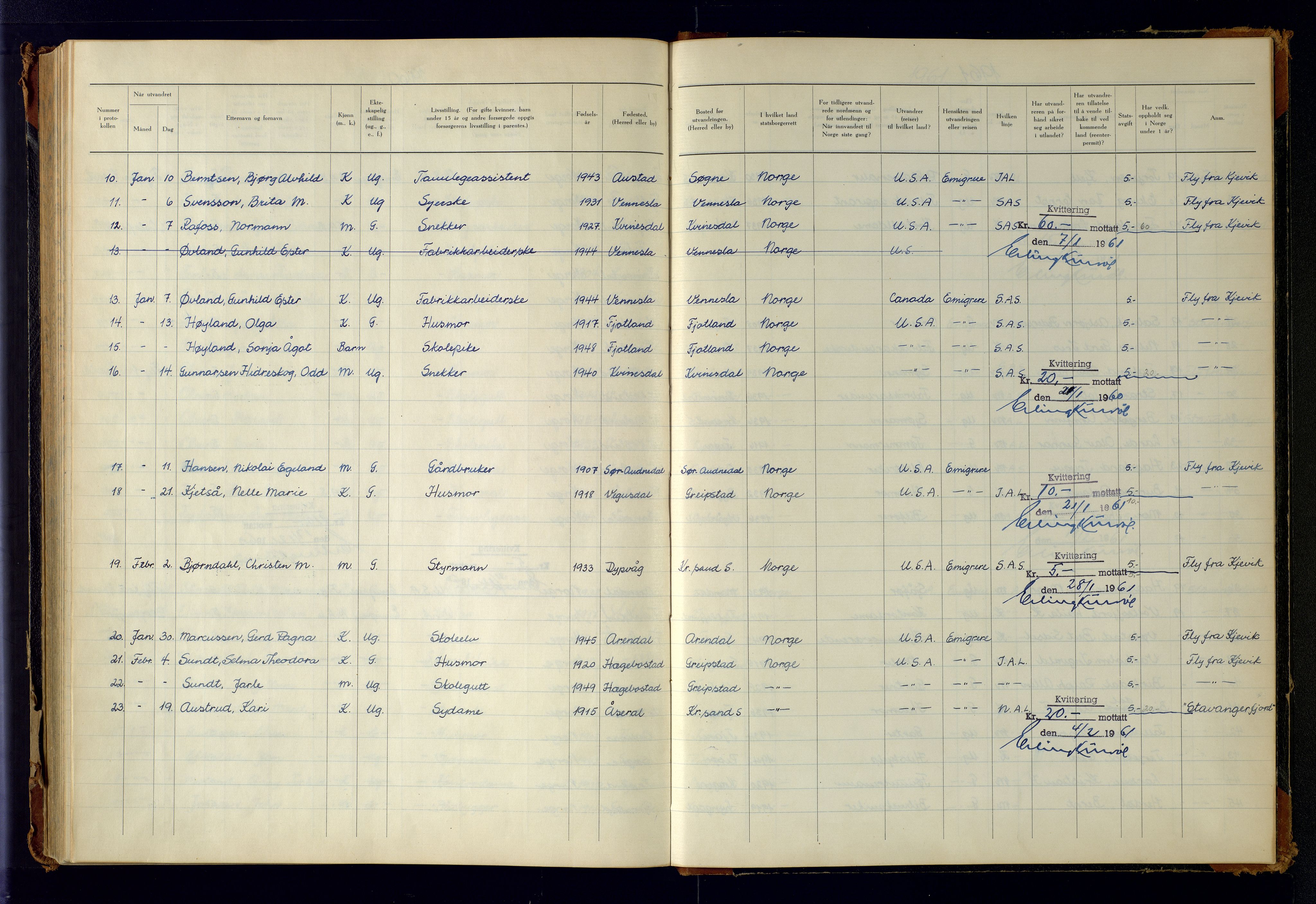 Kristiansand politikammer, AV/SAK-1243-0004/K/Kb/L0249: Emigrantprotokoll, 1951-1961, p. 183