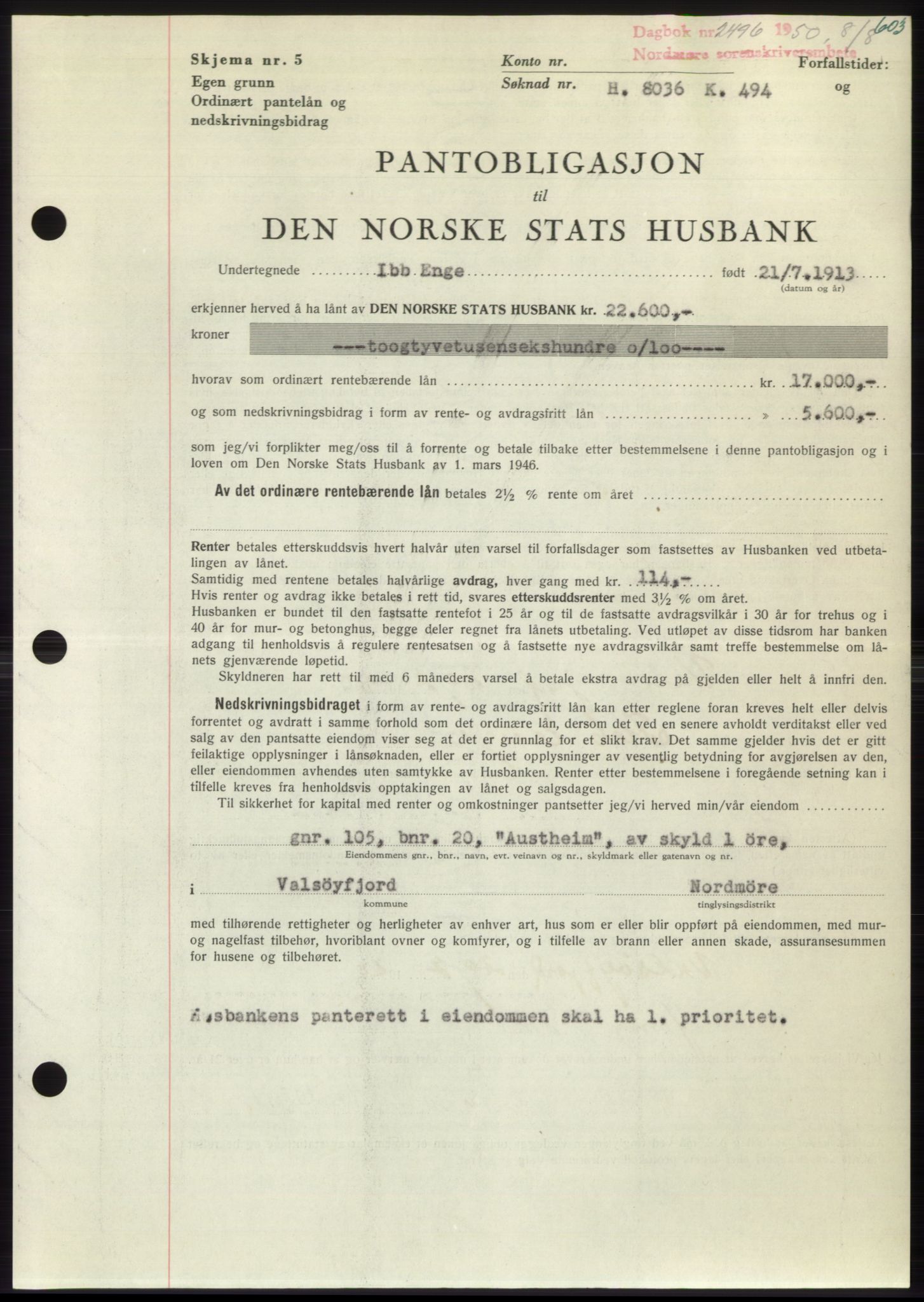 Nordmøre sorenskriveri, AV/SAT-A-4132/1/2/2Ca: Mortgage book no. B105, 1950-1950, Diary no: : 2496/1950