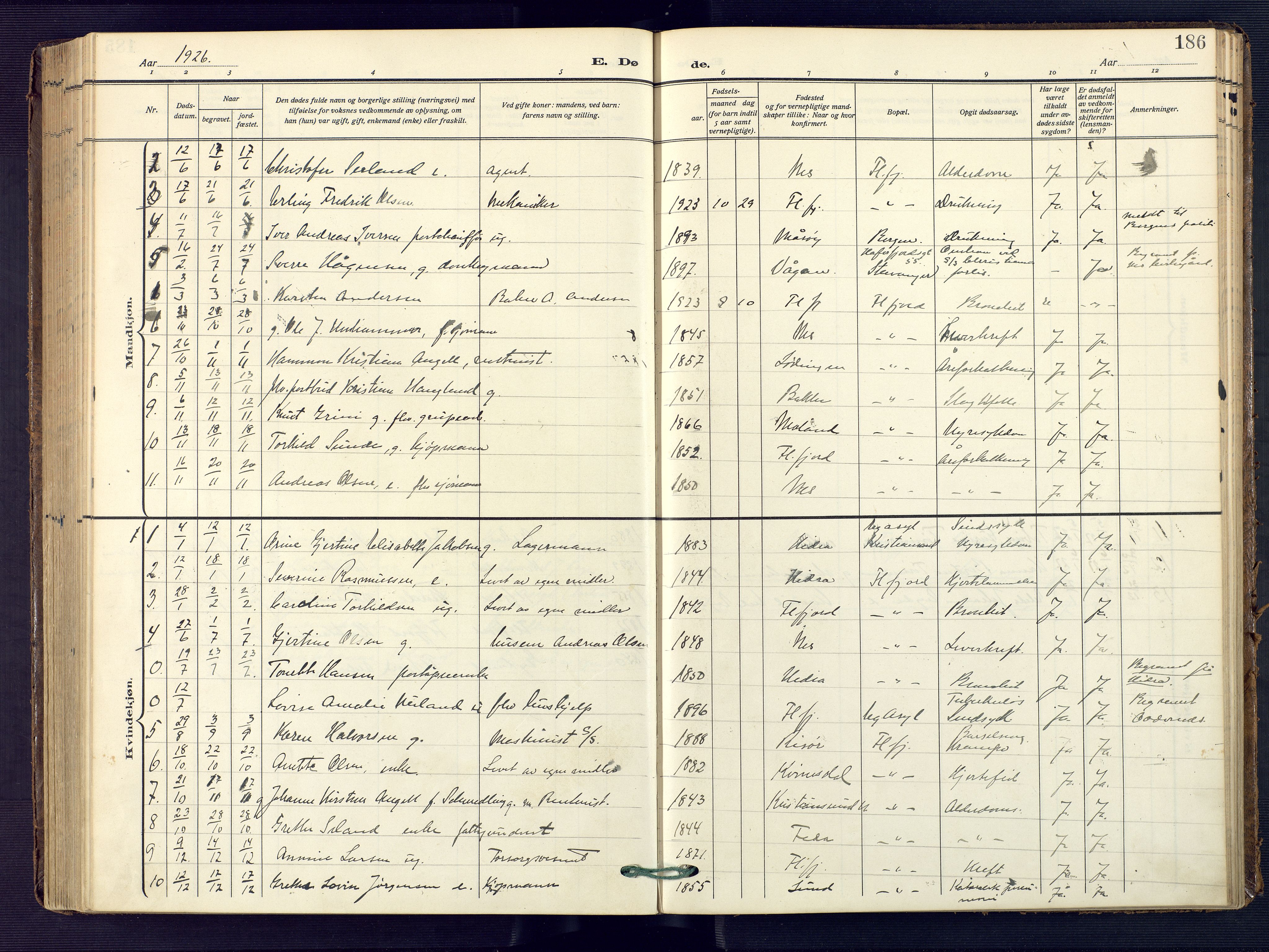 Flekkefjord sokneprestkontor, SAK/1111-0012/F/Fa/Faa/L0003: Parish register (official) no. A 3, 1913-1928, p. 186