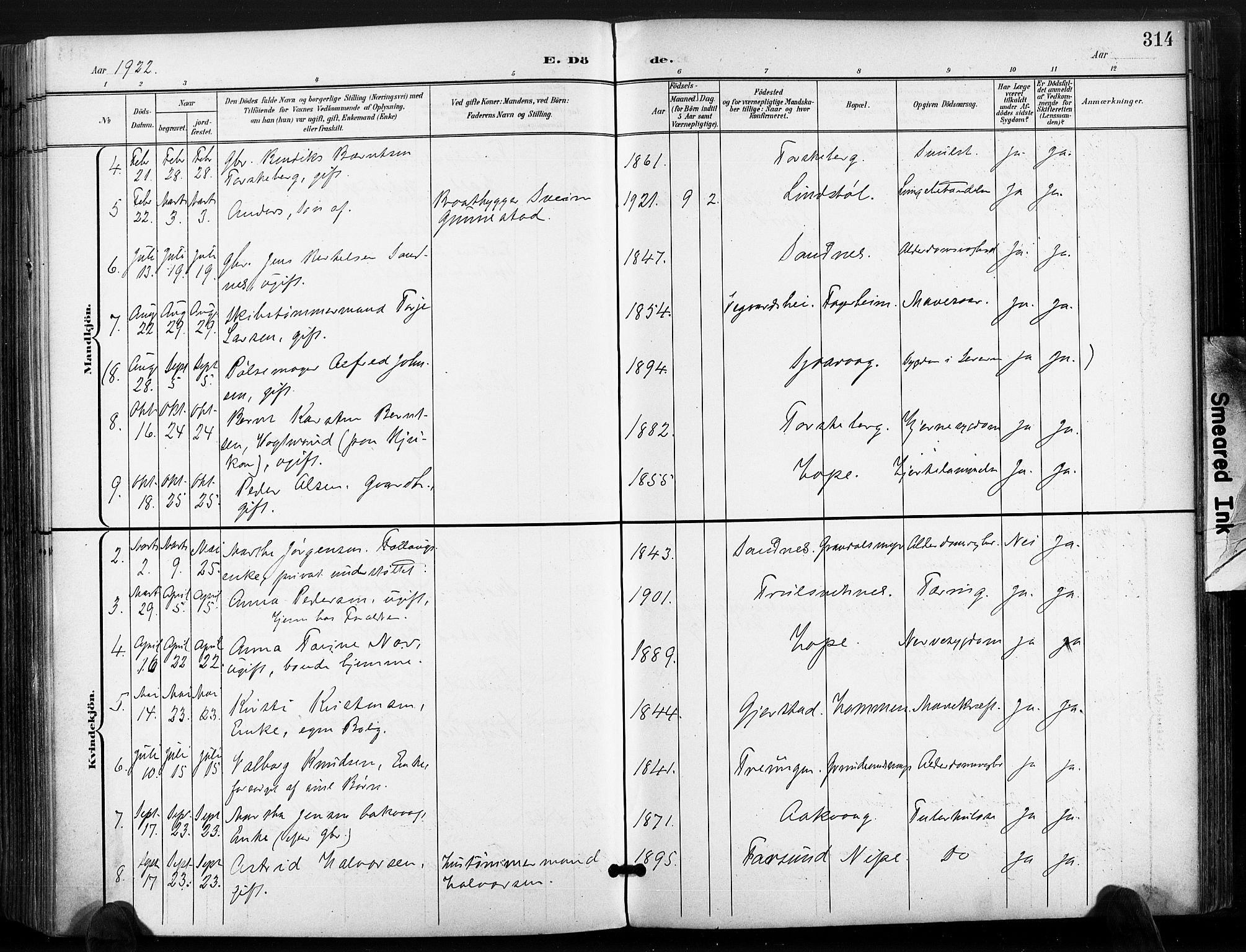 Søndeled sokneprestkontor, AV/SAK-1111-0038/F/Fa/L0006: Parish register (official) no. A 6, 1900-1922, p. 314