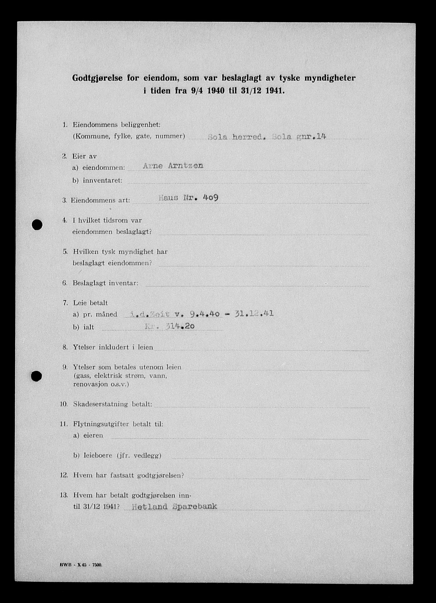 Justisdepartementet, Tilbakeføringskontoret for inndratte formuer, AV/RA-S-1564/I/L1014: Godtgjørelse for beslaglagt eiendom, 1940-1941, p. 171