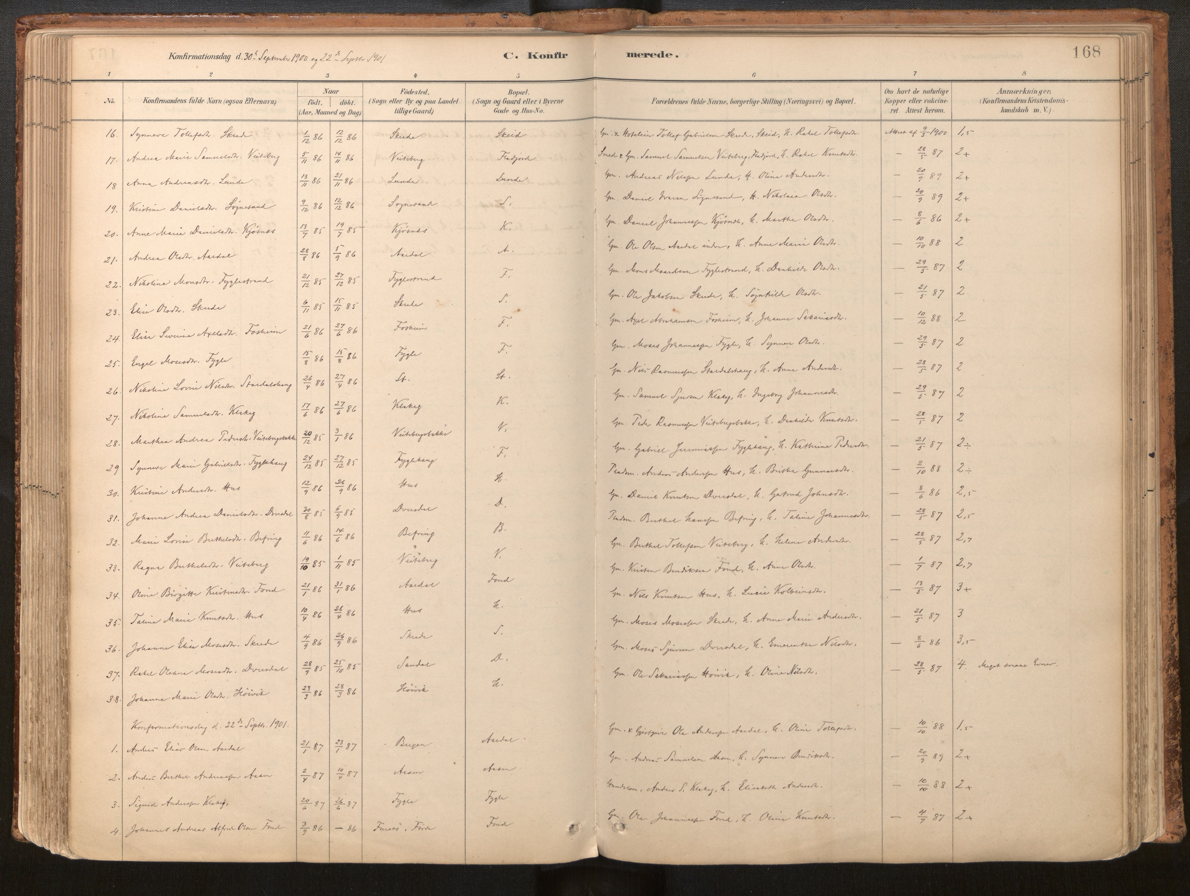 Jølster sokneprestembete, SAB/A-80701/H/Haa/Haac/L0001: Parish register (official) no. C 1, 1882-1928, p. 168
