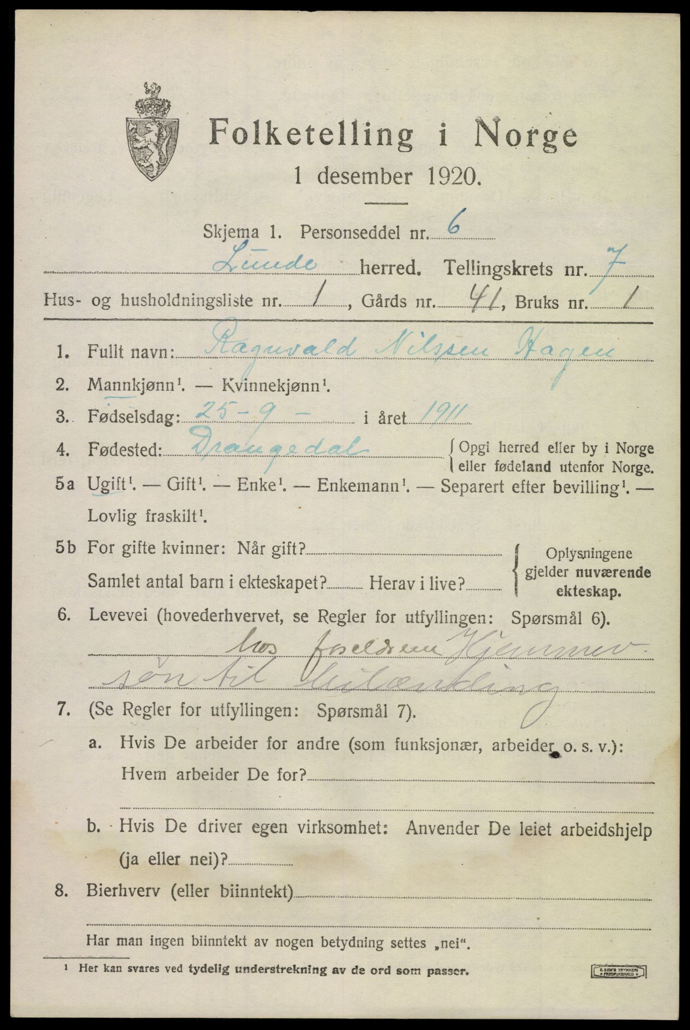 SAKO, 1920 census for Lunde, 1920, p. 4843