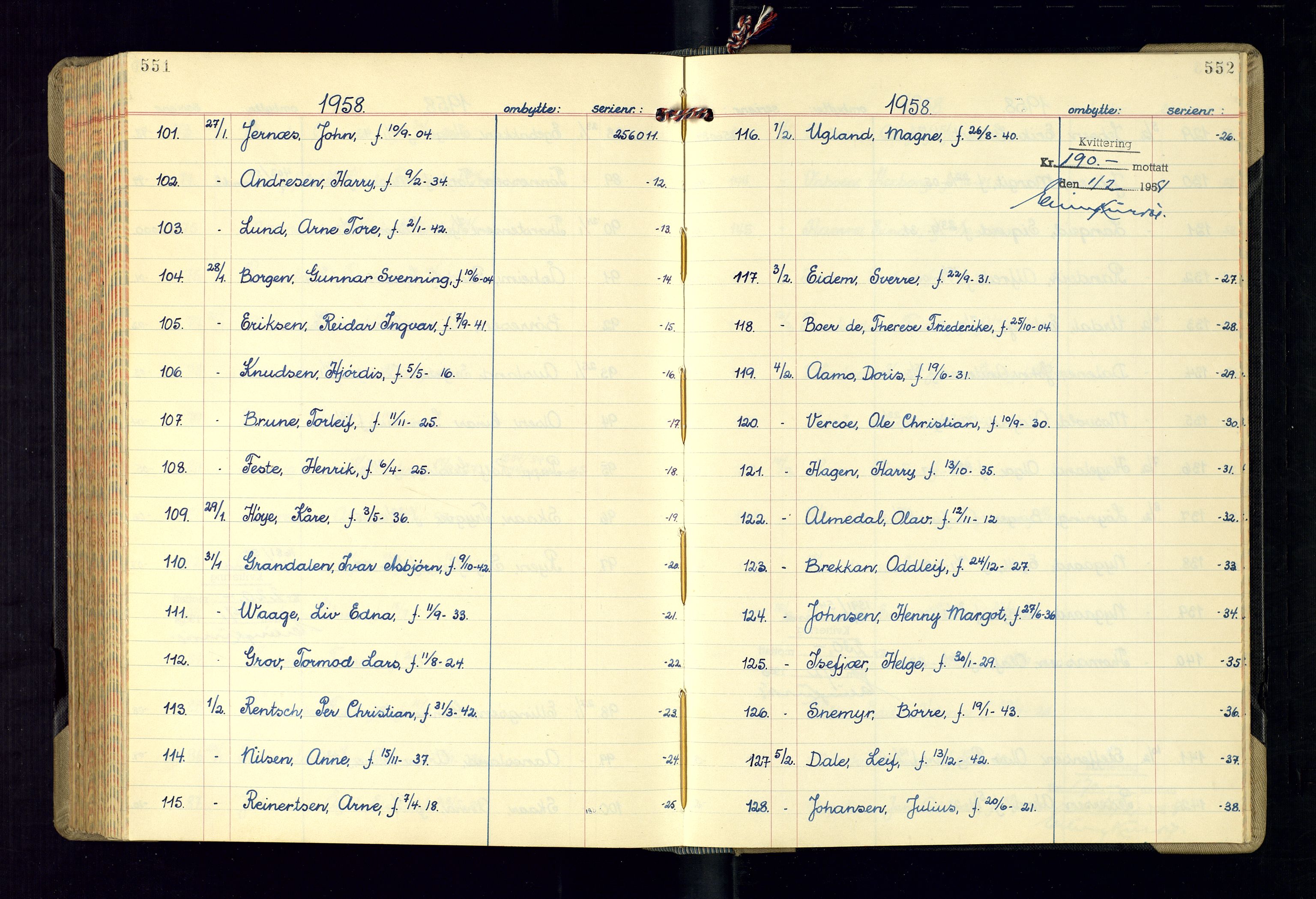 Kristiansand politikammer - 2, AV/SAK-1243-0009/K/Ka/Kaa/L0613: Passprotokoll, liste med løpenumre, 1954-1958, p. 551-552