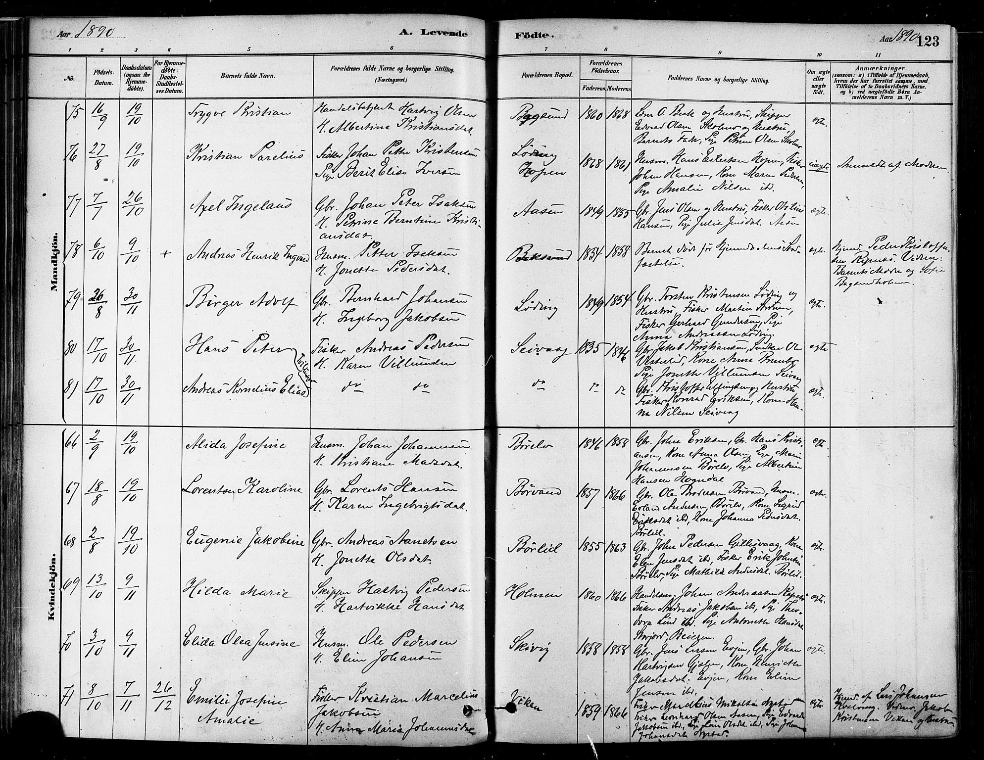 Ministerialprotokoller, klokkerbøker og fødselsregistre - Nordland, AV/SAT-A-1459/802/L0054: Parish register (official) no. 802A01, 1879-1893, p. 123